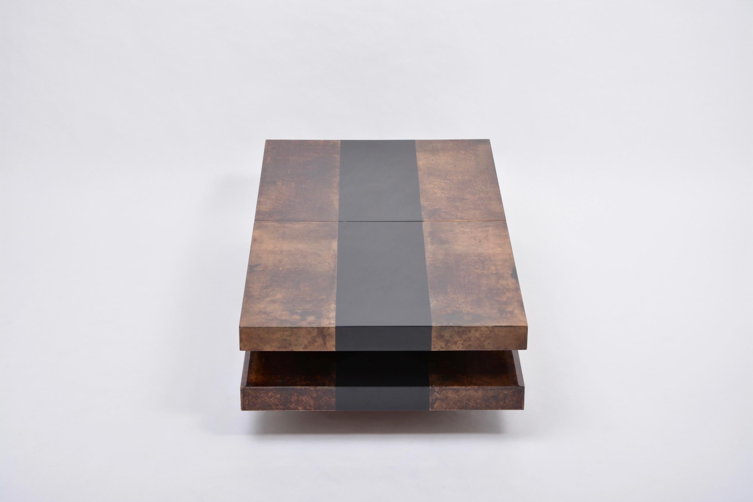 Brown Italian Two-Tiered Sliding Coffee Table with Hidden Bar by Aldo Tura 2