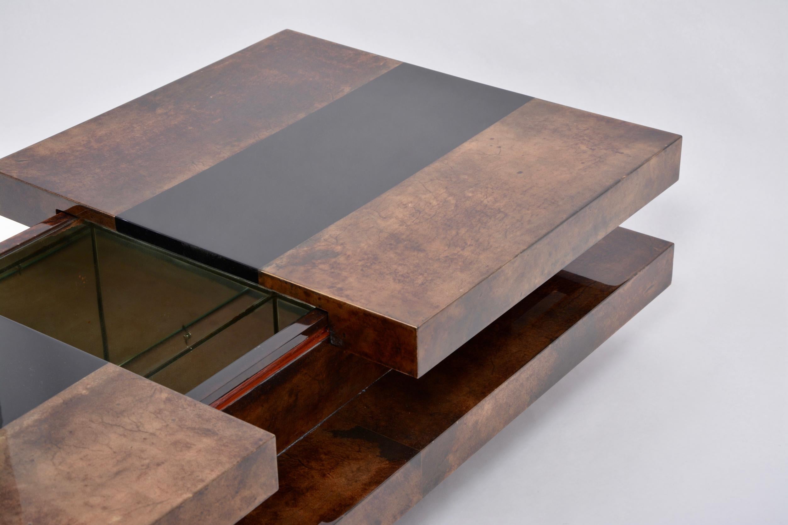 Brown Italian Two-Tiered Sliding Coffee Table with Hidden Bar by Aldo Tura 5