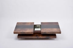 Brown Italian Two-Tiered Sliding Coffee Table with Hidden Bar by Aldo Tura