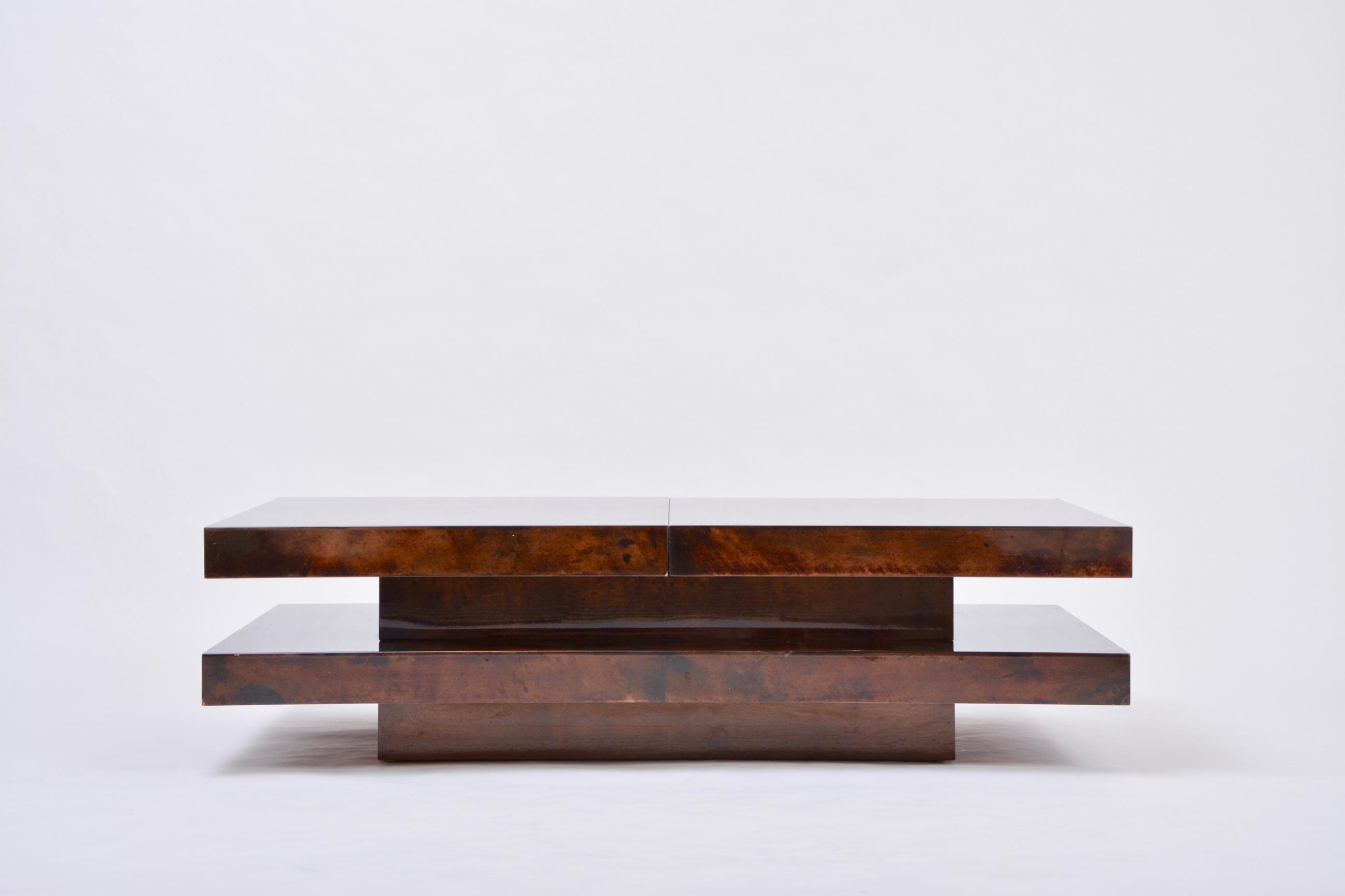 Lacquered Brown Italian Two-Tiered Sliding Coffee Table with Hidden Bar by Aldo Tura
