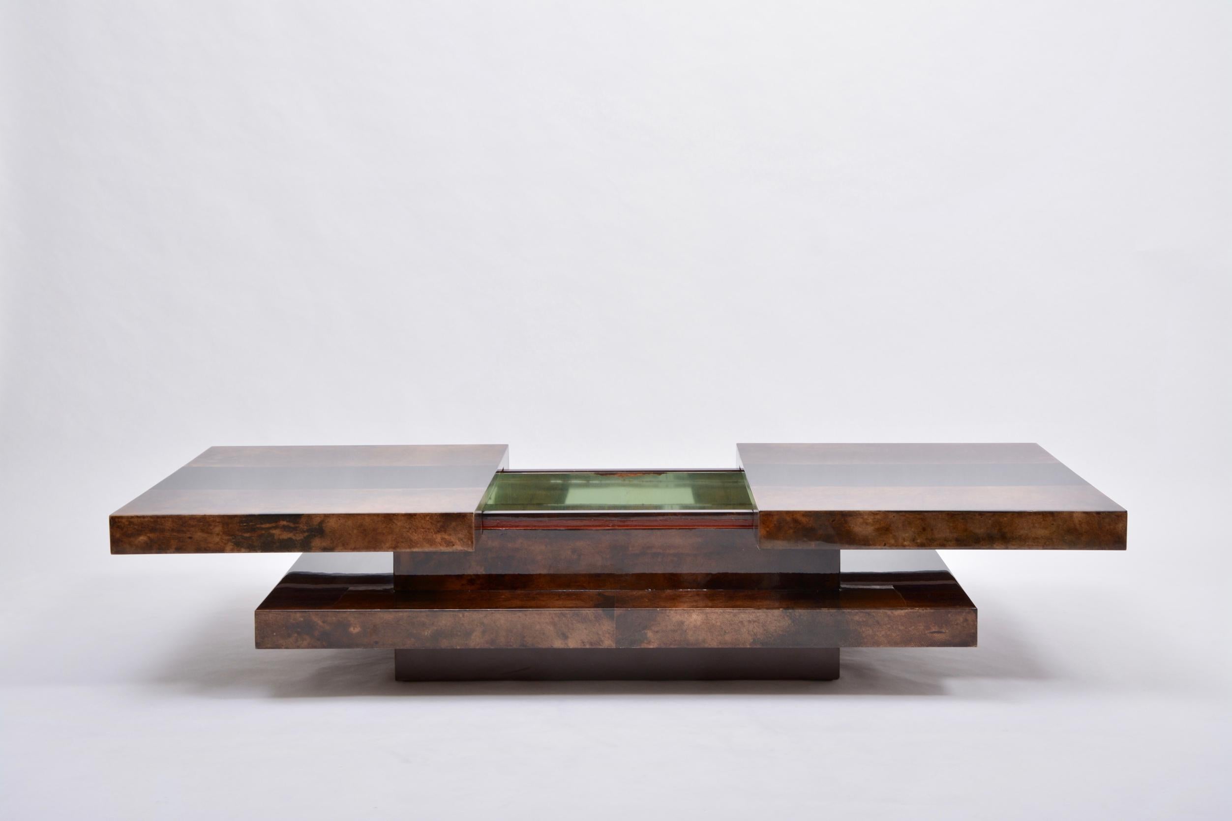 Lacquered Brown Italian Two-Tiered Sliding Coffee Table with Hidden Bar by Aldo Tura