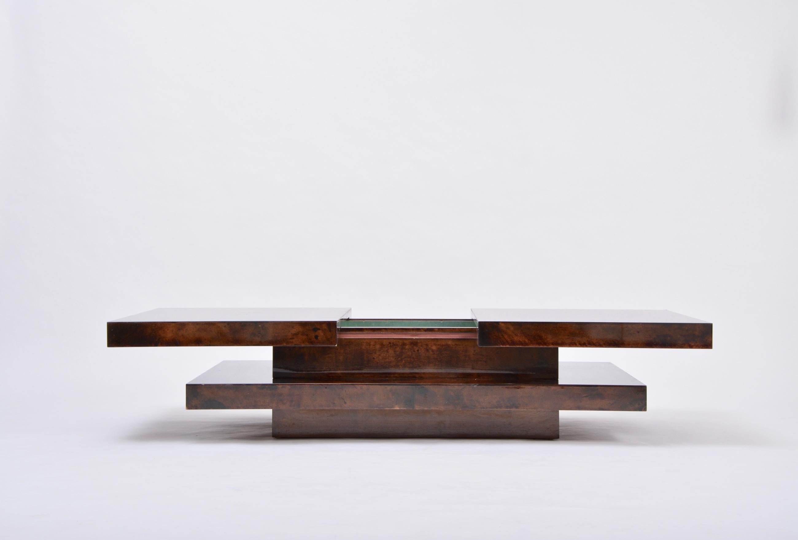 20th Century Brown Italian Two-Tiered Sliding Coffee Table with Hidden Bar by Aldo Tura
