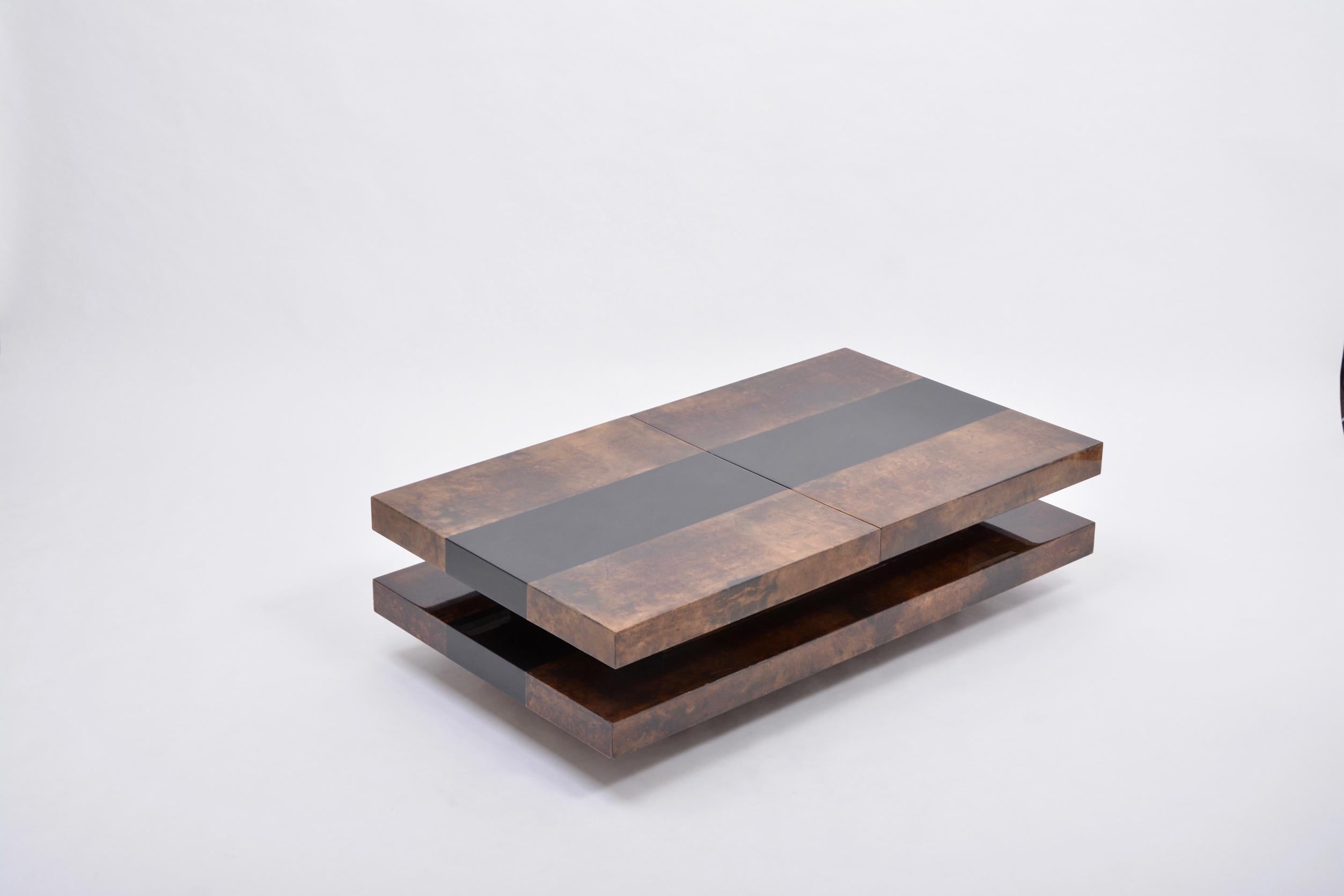 Goatskin Brown Italian Two-Tiered Sliding Coffee Table with Hidden Bar by Aldo Tura