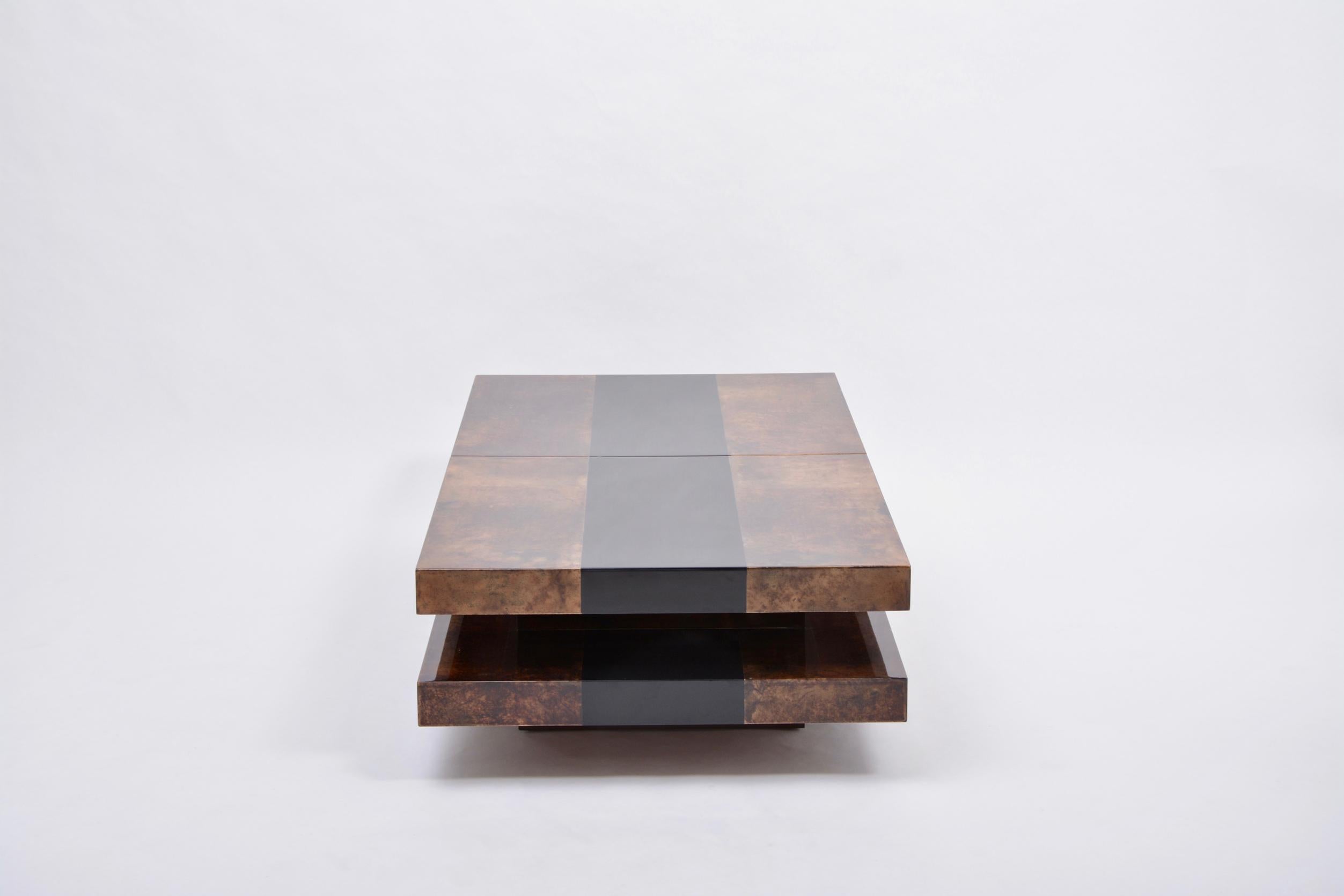 Brown Italian Two-Tiered Sliding Coffee Table with Hidden Bar by Aldo Tura 1