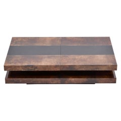 Brown Italian Two-Tiered Sliding Coffee Table with Hidden Bar by Aldo Tura