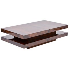 Brown Italian Two-Tiered Sliding Coffee Table with Hidden Bar by Aldo Tura