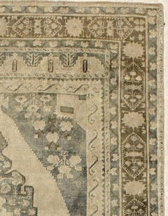 Brown, Ivory and Blue Handmade Wool Turkish Old Anatolian Konya Rug