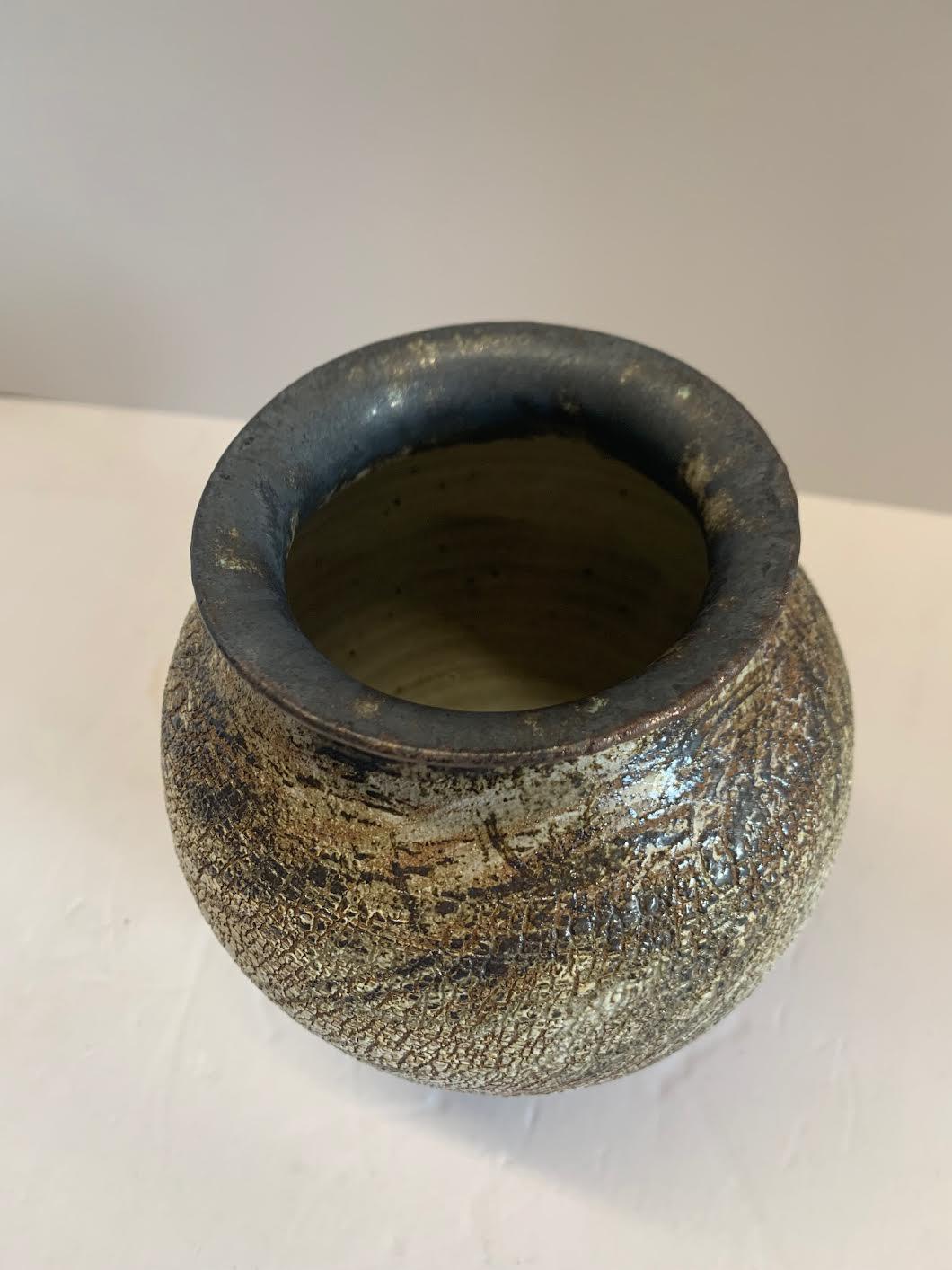 American Brown, Ivory, Bronze Stoneware Vase By Ceramic Artist Peter Speliopoulos, U.S.A