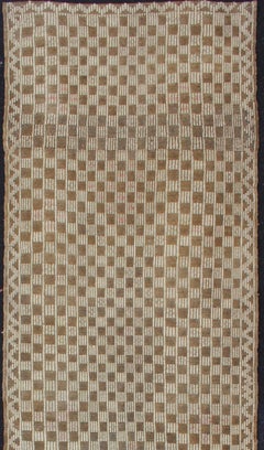 Brown, Ivory Vintage Kilim Embroidered Turkish Runner with Checkboard Design