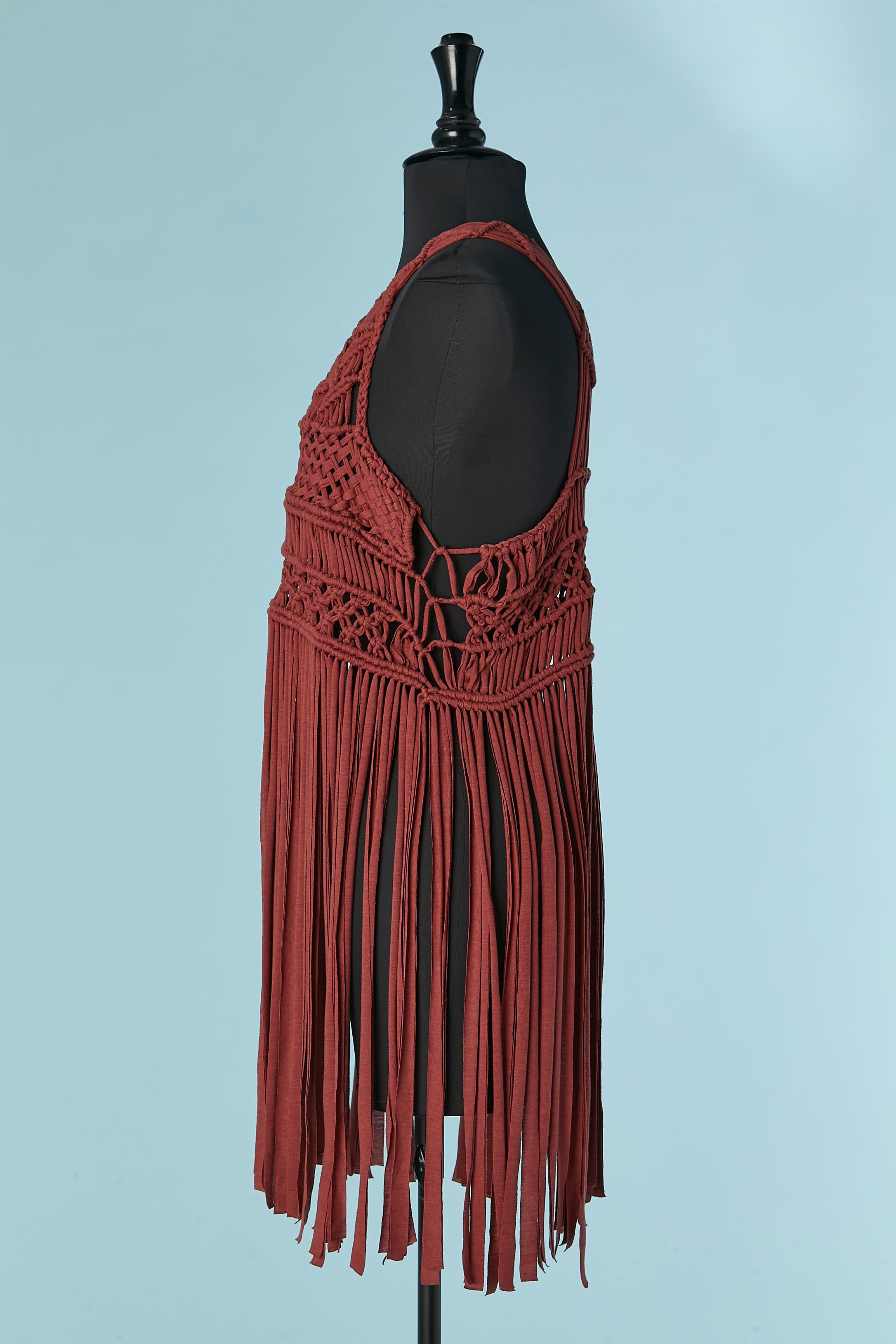 Women's Brown jersey Macramé tank top with fringes