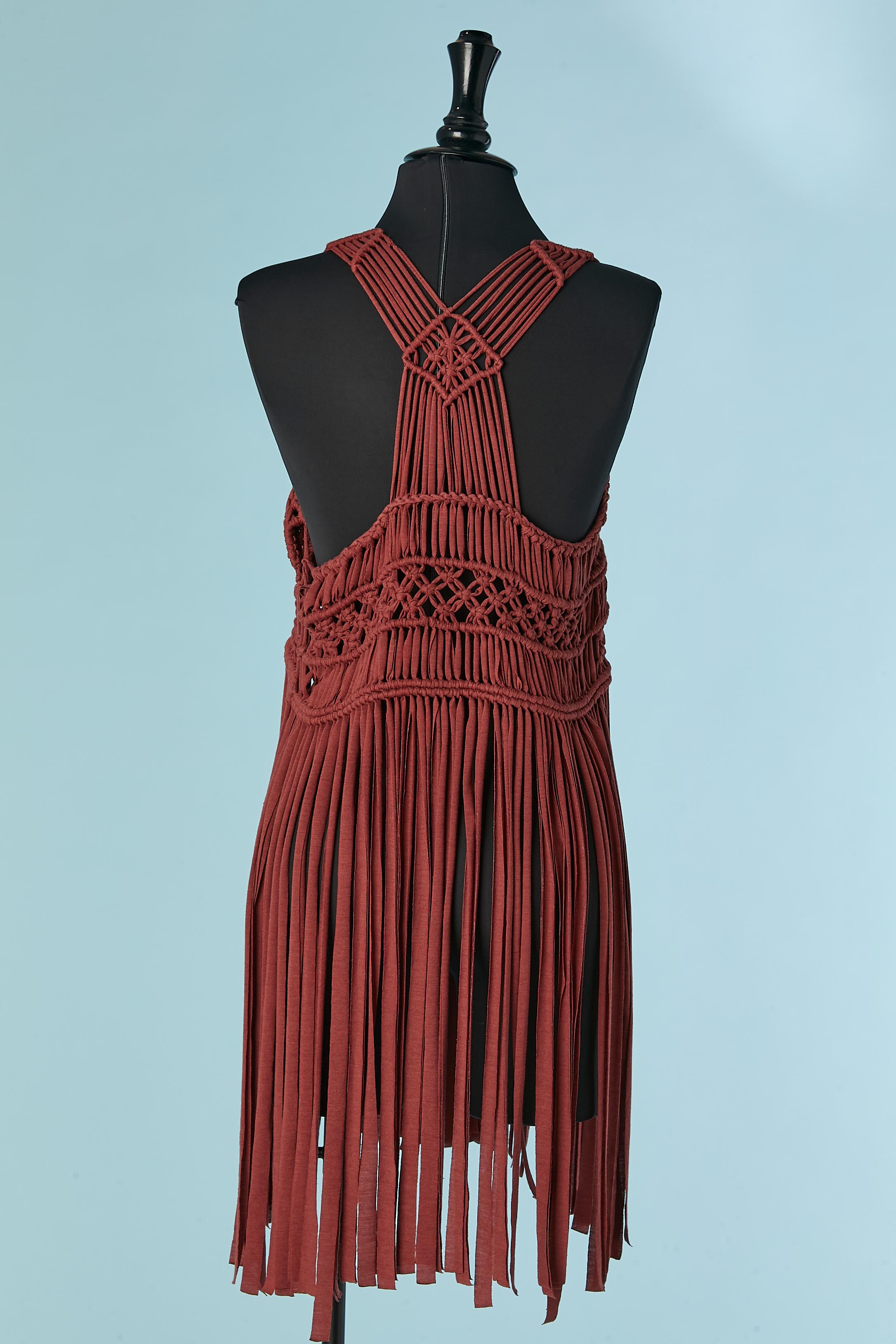 Brown jersey Macramé tank top with fringes 1