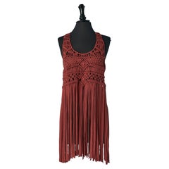 Brown jersey Macramé tank top with fringes