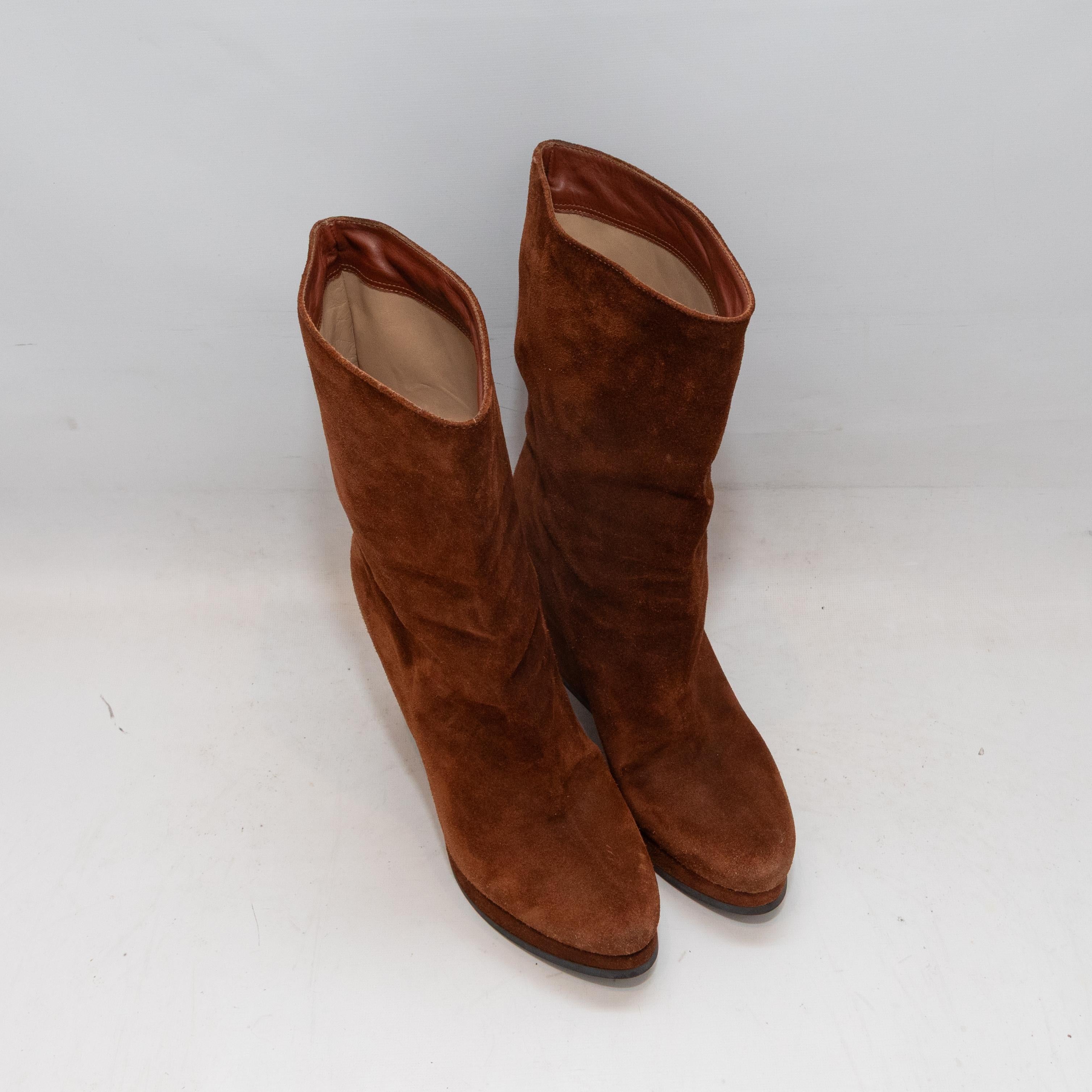 Brown suede wedge mid-calf boots by Jil Sander. Pull-on style. 8