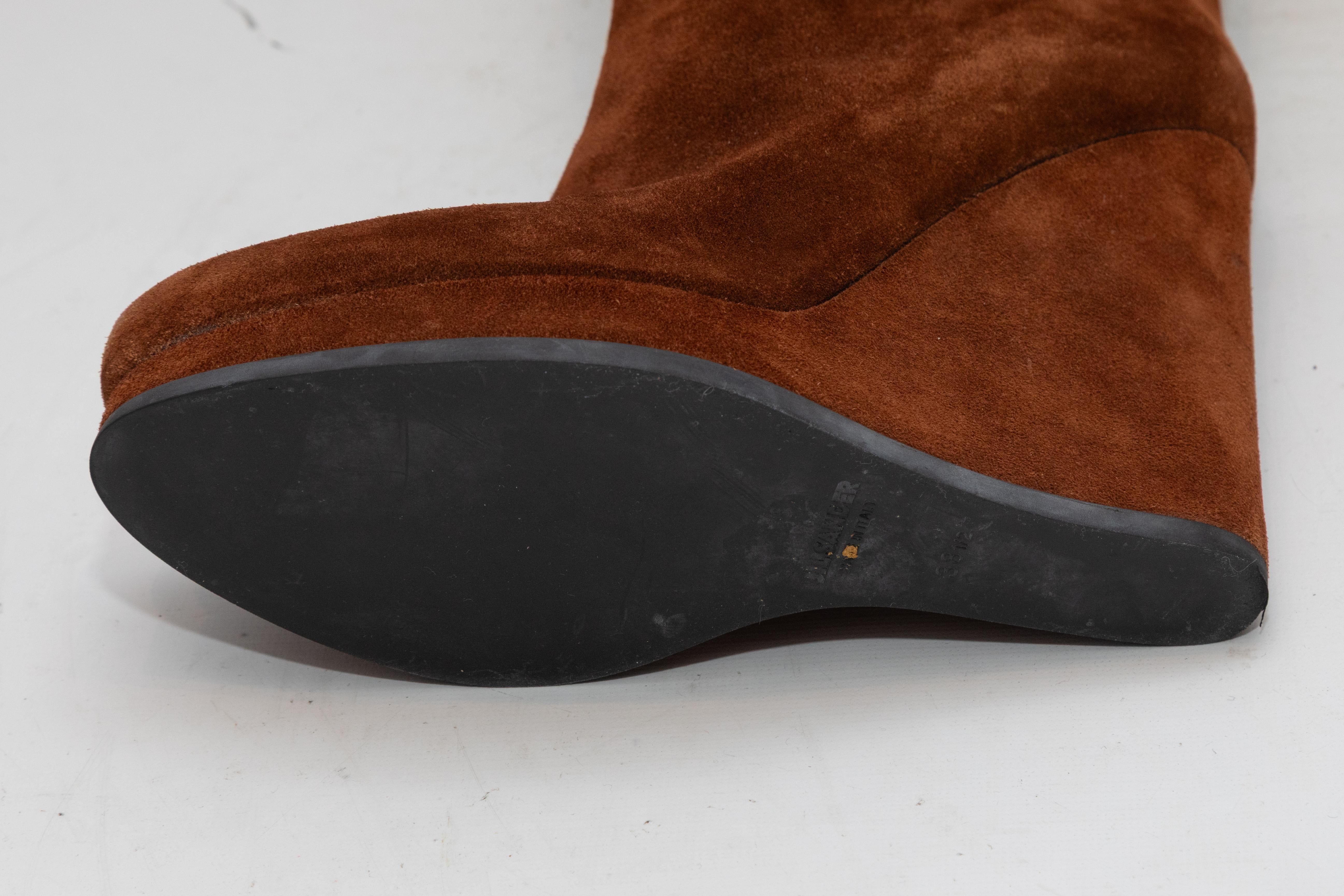 De las mujeres Brown Jil Sander Suede Wedge Mid-Calf Boots Size 38.5 en venta