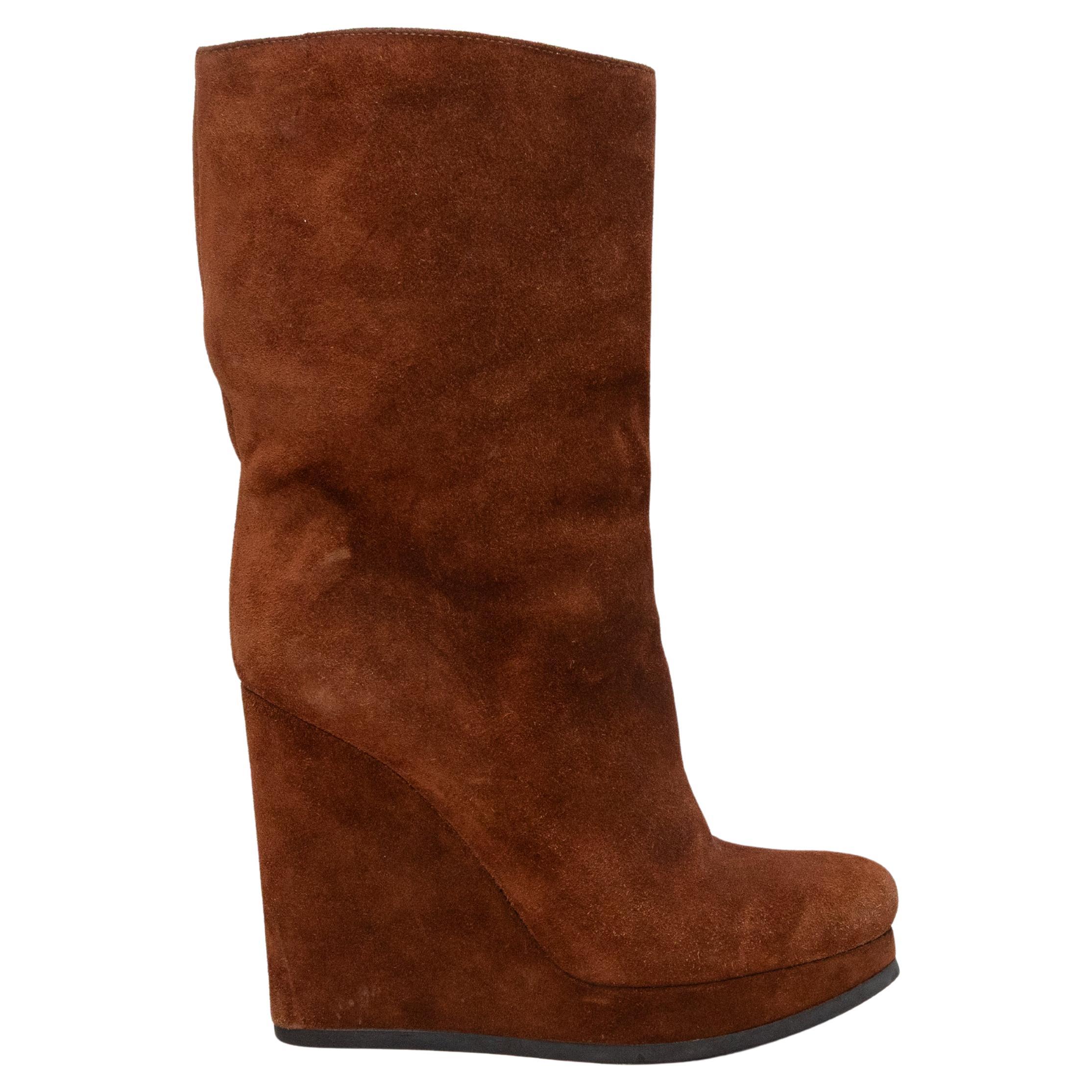 Brown Jil Sander Suede Wedge Mid-Calf Boots Size 38.5 en venta