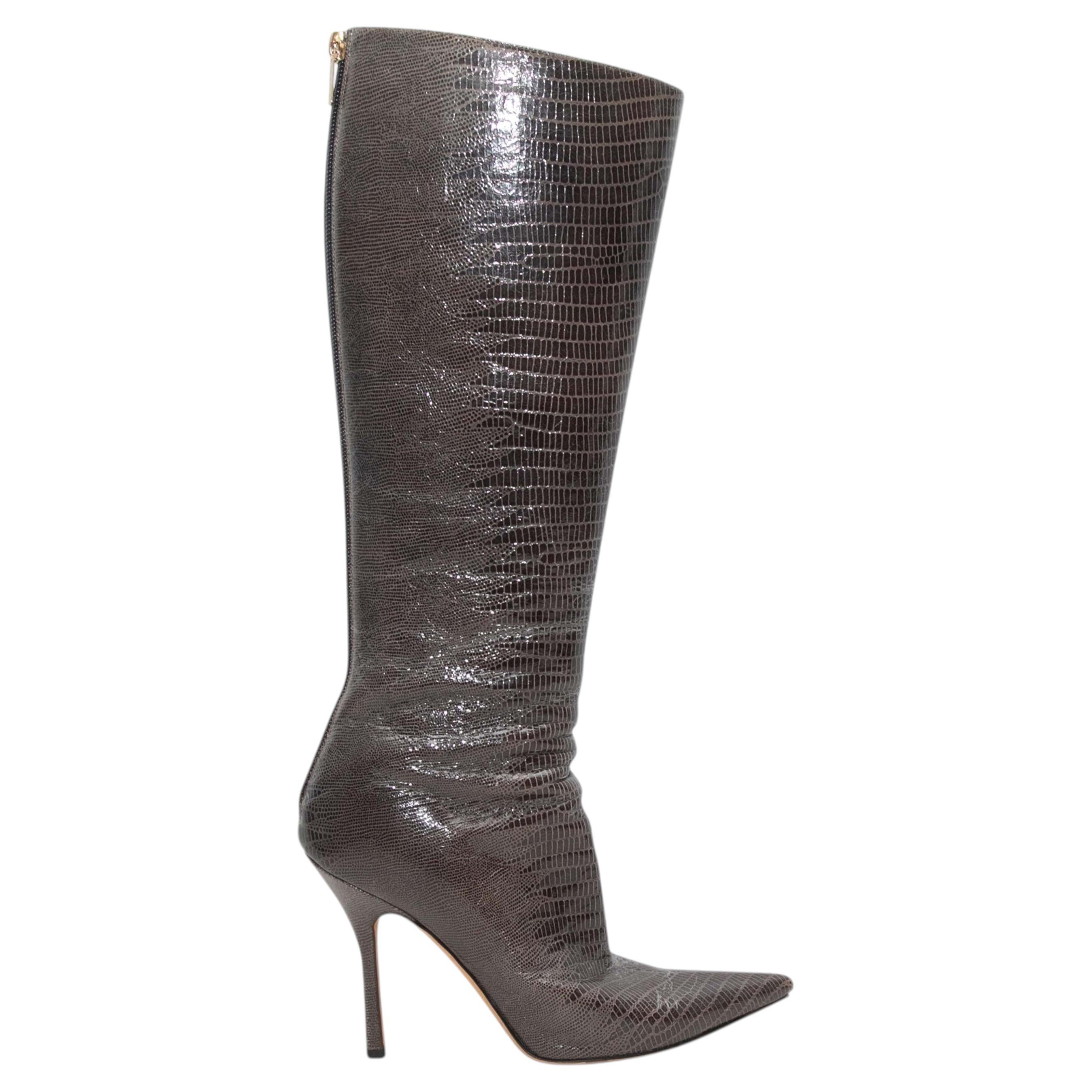 Brown Jimmy Choo Patent Embossed Leather Pointed-Toe Boots Size 39
