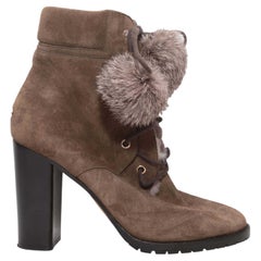 Brown Jimmy Choo Suede Heeled Rabbit Fur-Lined Boots Size 40