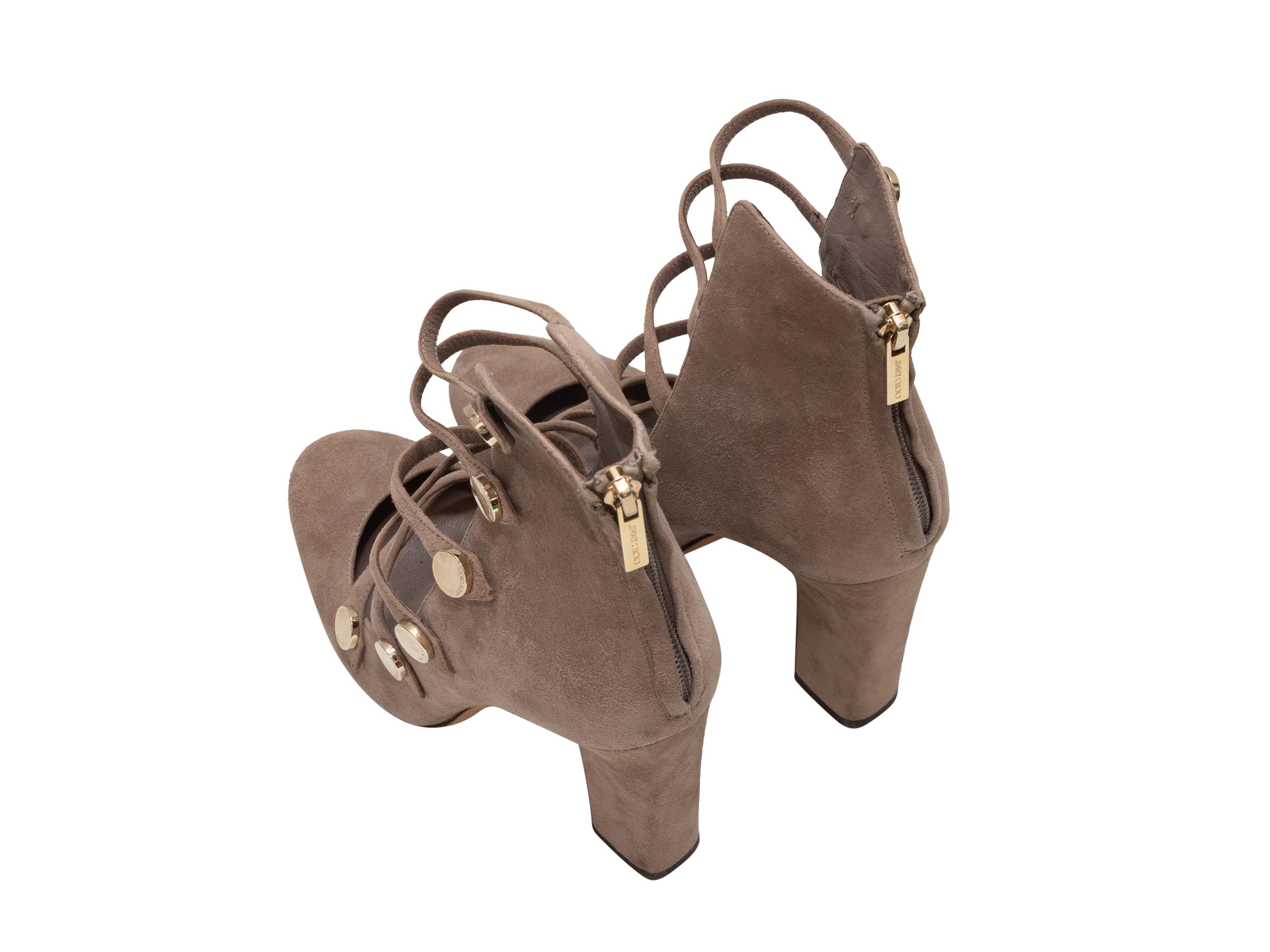 Brown Jimmy Choo Suede Strappy Heeled Booties Size 37 In Good Condition For Sale In New York, NY