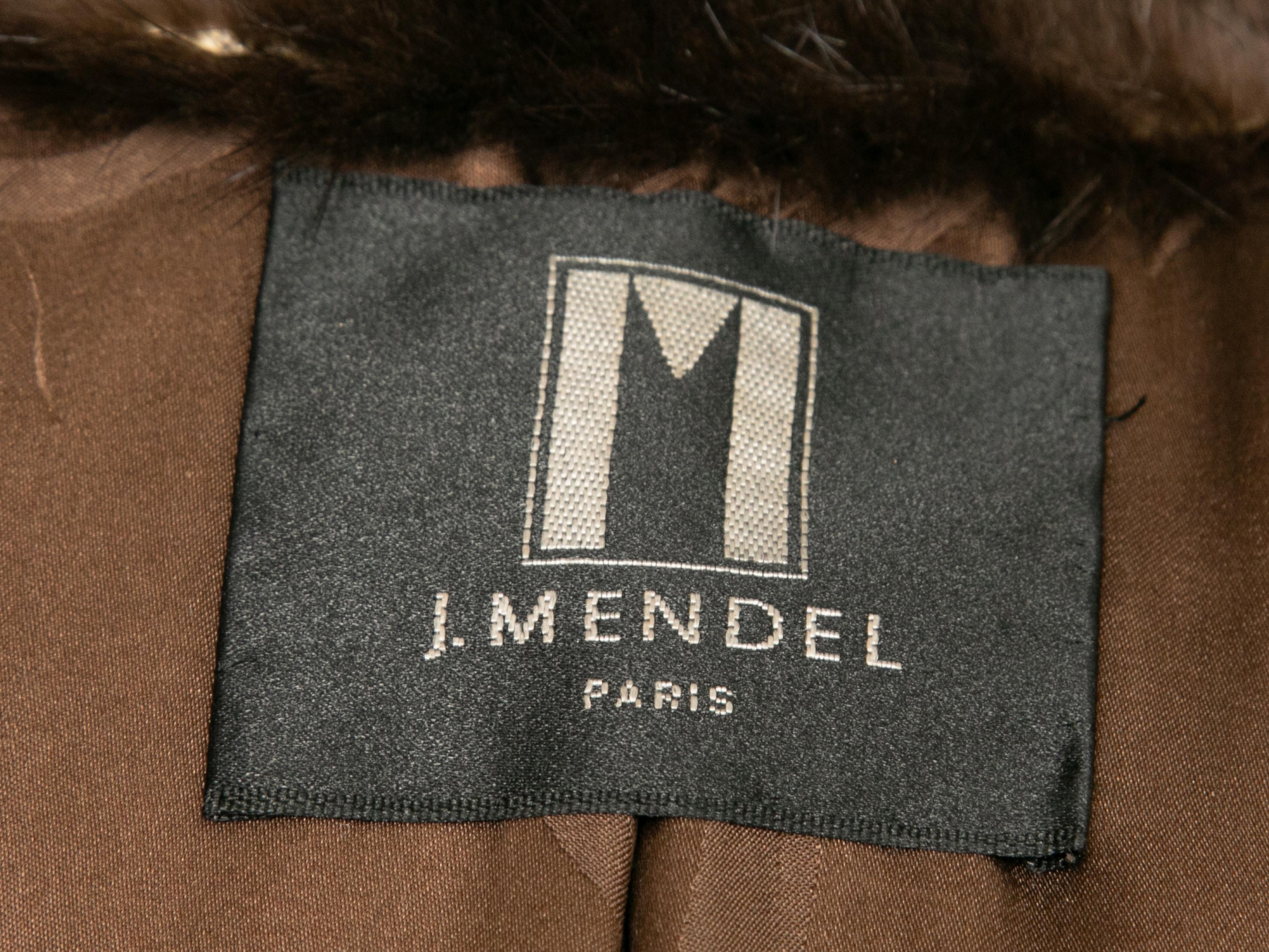 Brown long mink-trimmed coat by J.Mendel. Shawl collar. Dual hip pockets. Front button closures. 40