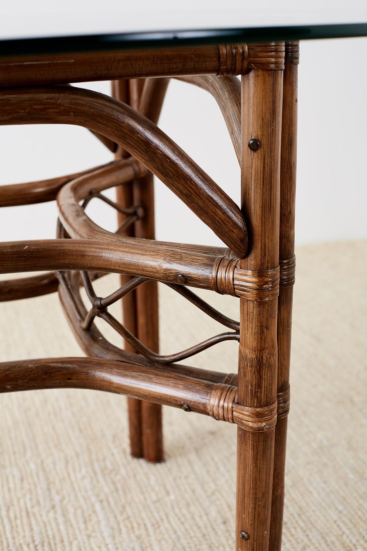 Brown Jordan Bamboo Rattan Glass Dining Table In Good Condition In Rio Vista, CA