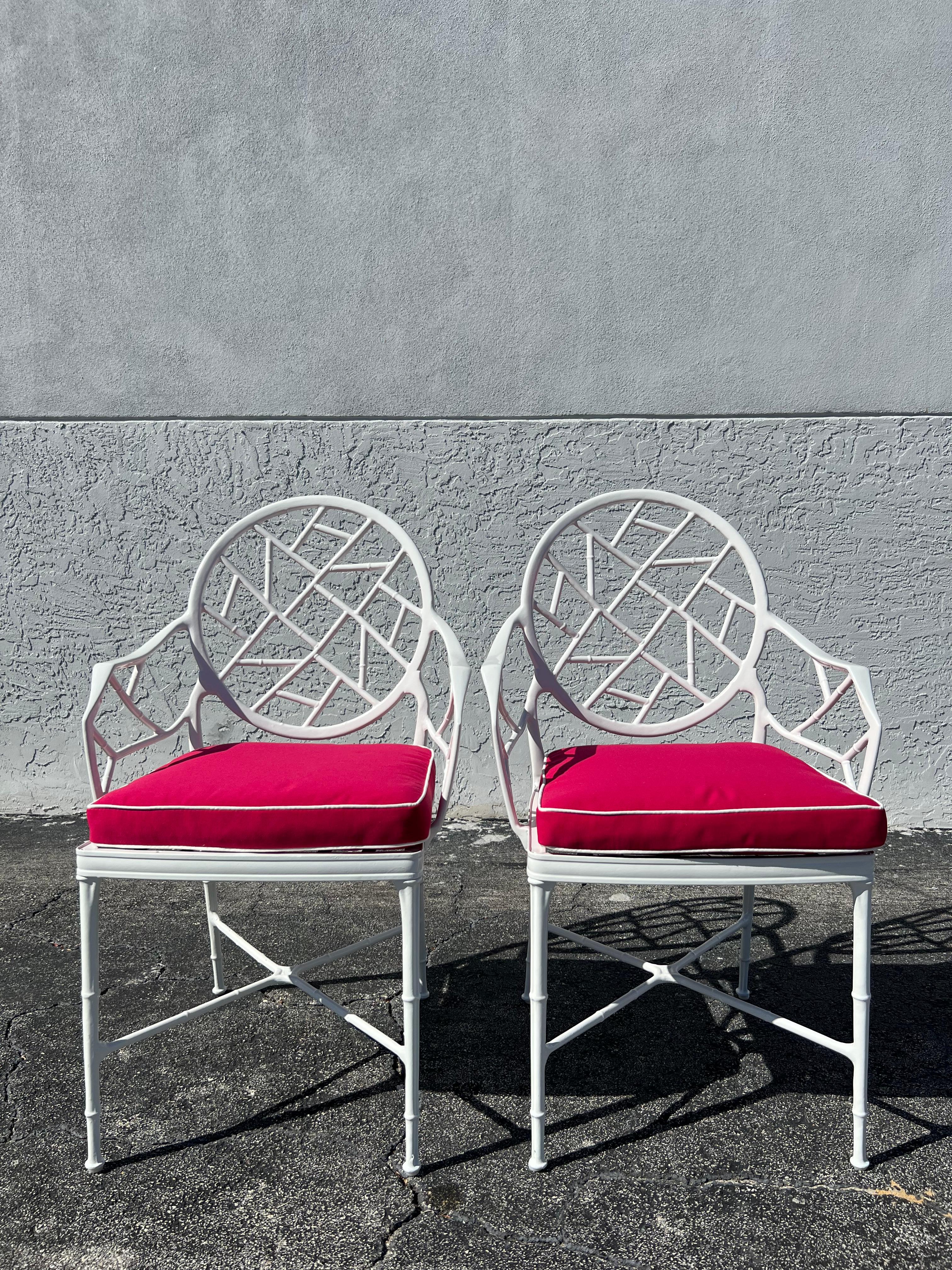 Pair of Brown Jordan Calcutta armchairs. Newly powder coated finish. Cushions reupholstered in Sunbrella. Some welded repairs were made prior to the new powder coat finish (please refer to photos). Additional photos available upon request. 

Would