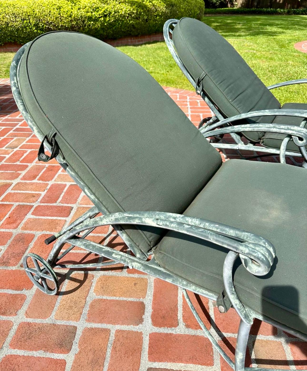 American Brown Jordan Chaise lounge chairs with cushions, wheels, adjustable back, MCM For Sale