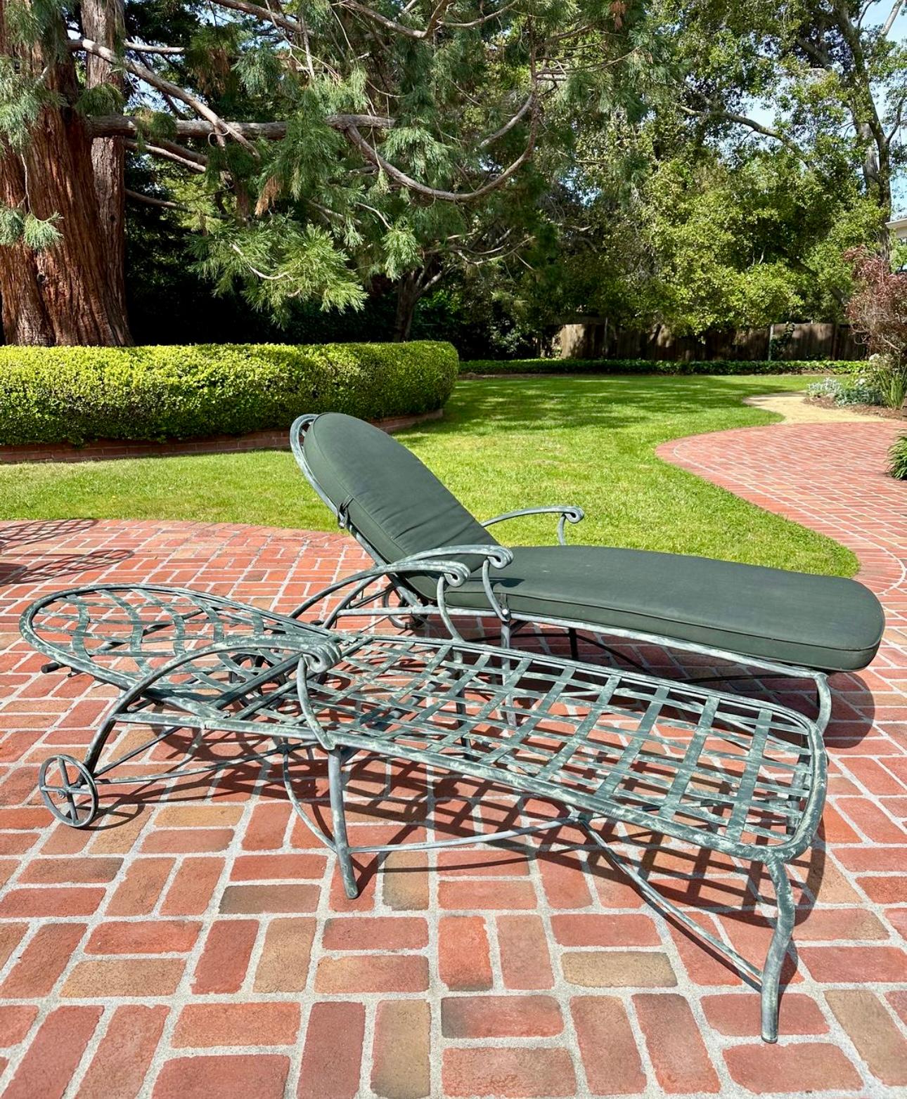 Metal Brown Jordan Chaise lounge chairs with cushions, wheels, adjustable back, MCM For Sale