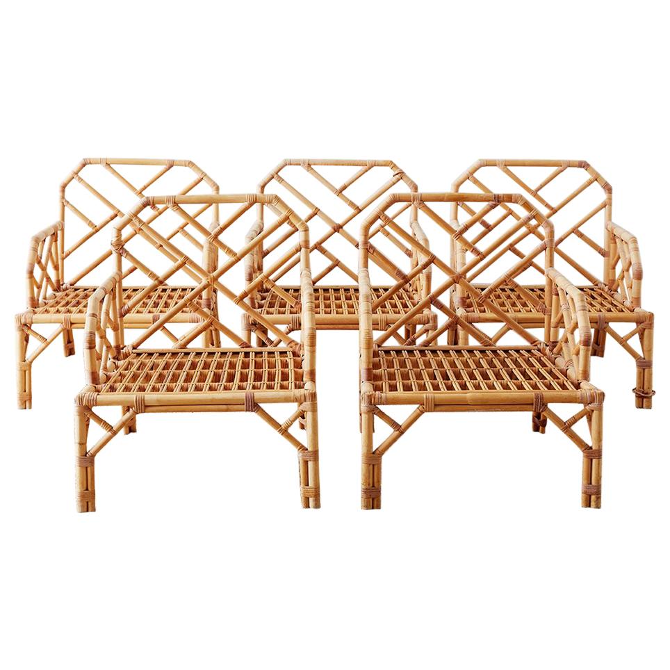 Brown Jordan Chinese Chippendale Rattan Bamboo Lounge Chairs
