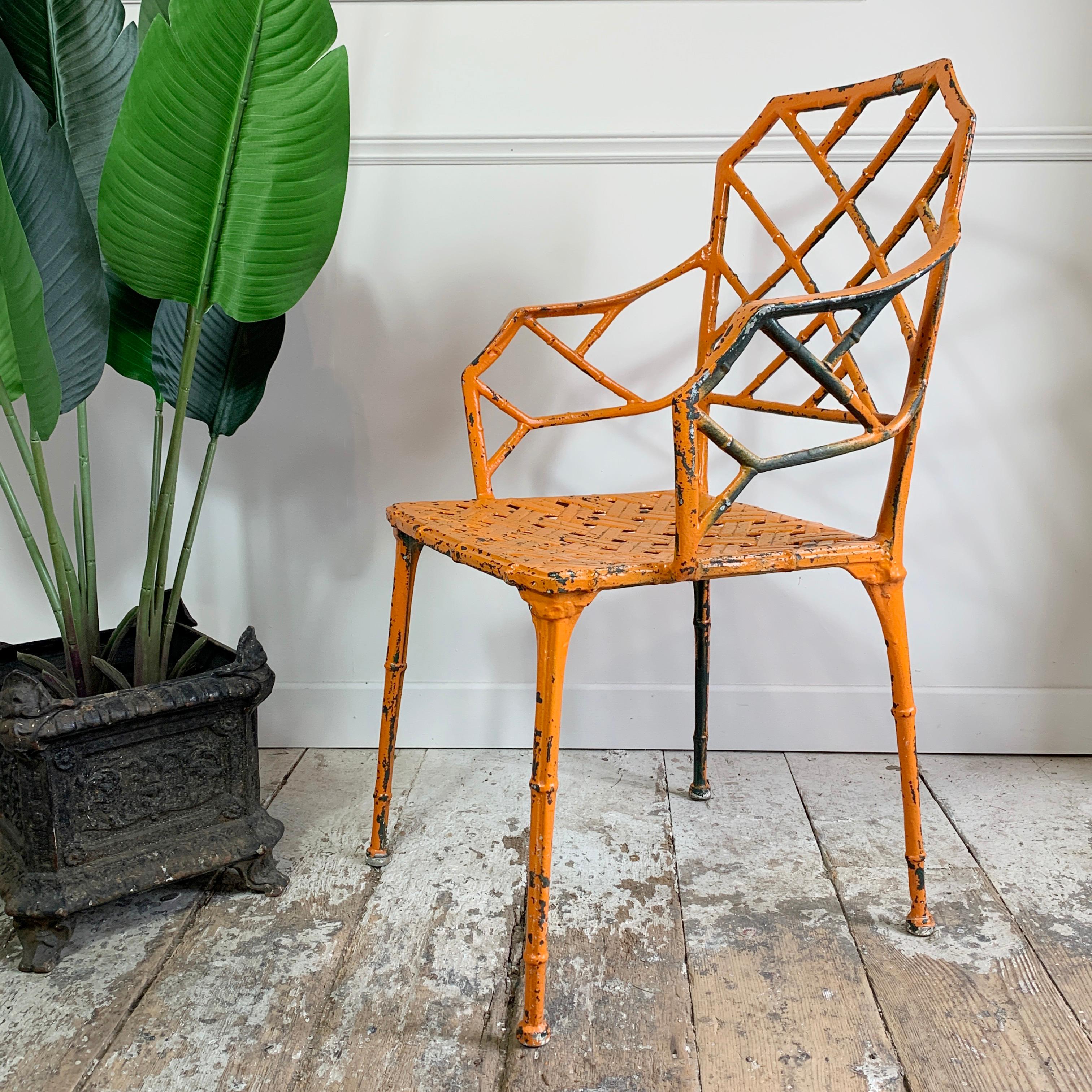 Metal Orange Faux Bamboo Conservatory Chair, Brown Jordan  For Sale