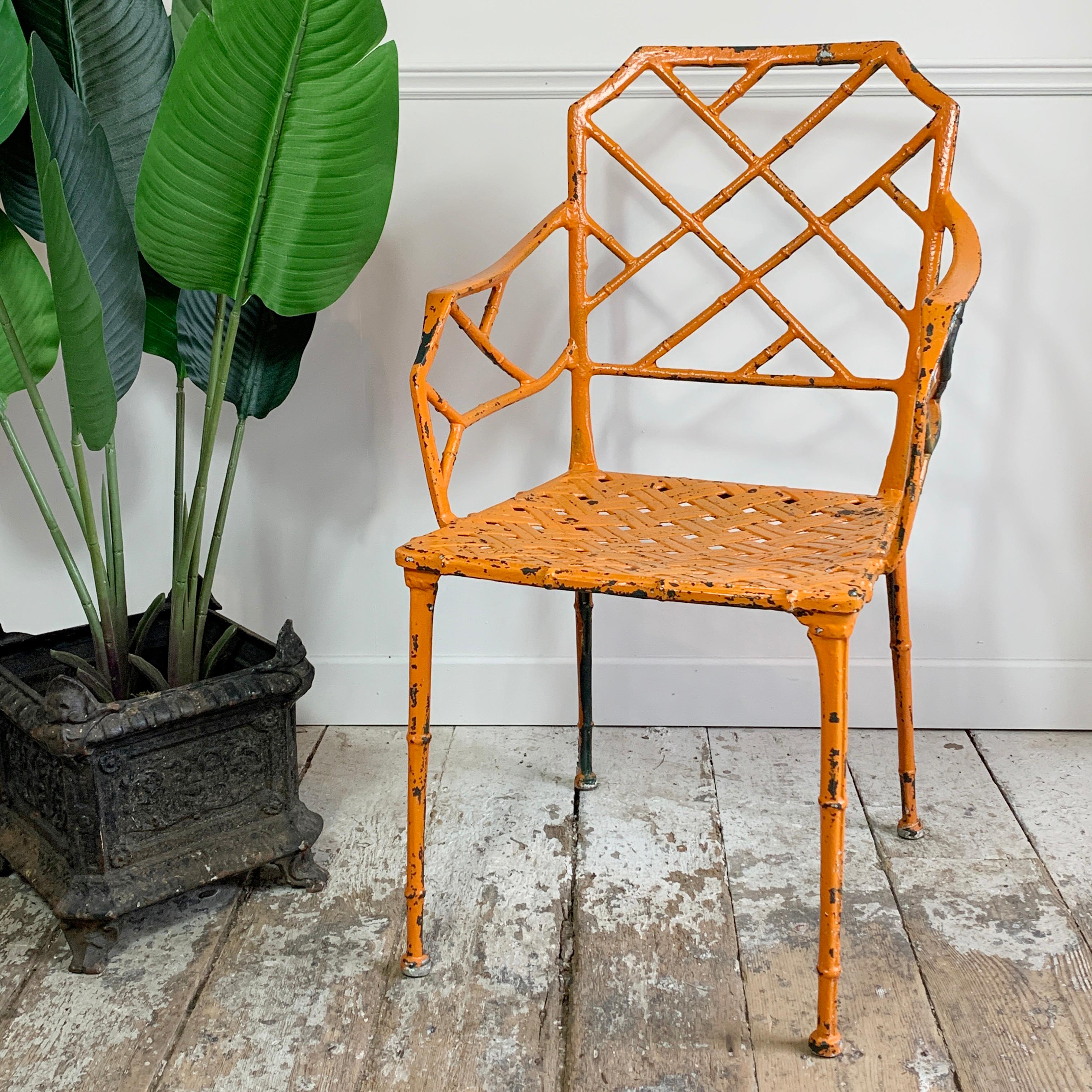 Mid-Century Modern Orange Faux Bamboo Conservatory Chair, Brown Jordan  For Sale