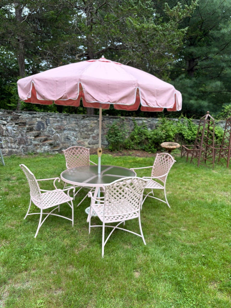 brown jordan patio table umbrella Brown Jordan Four Chairs, Table, Umbrella Garden Set, 1960s
