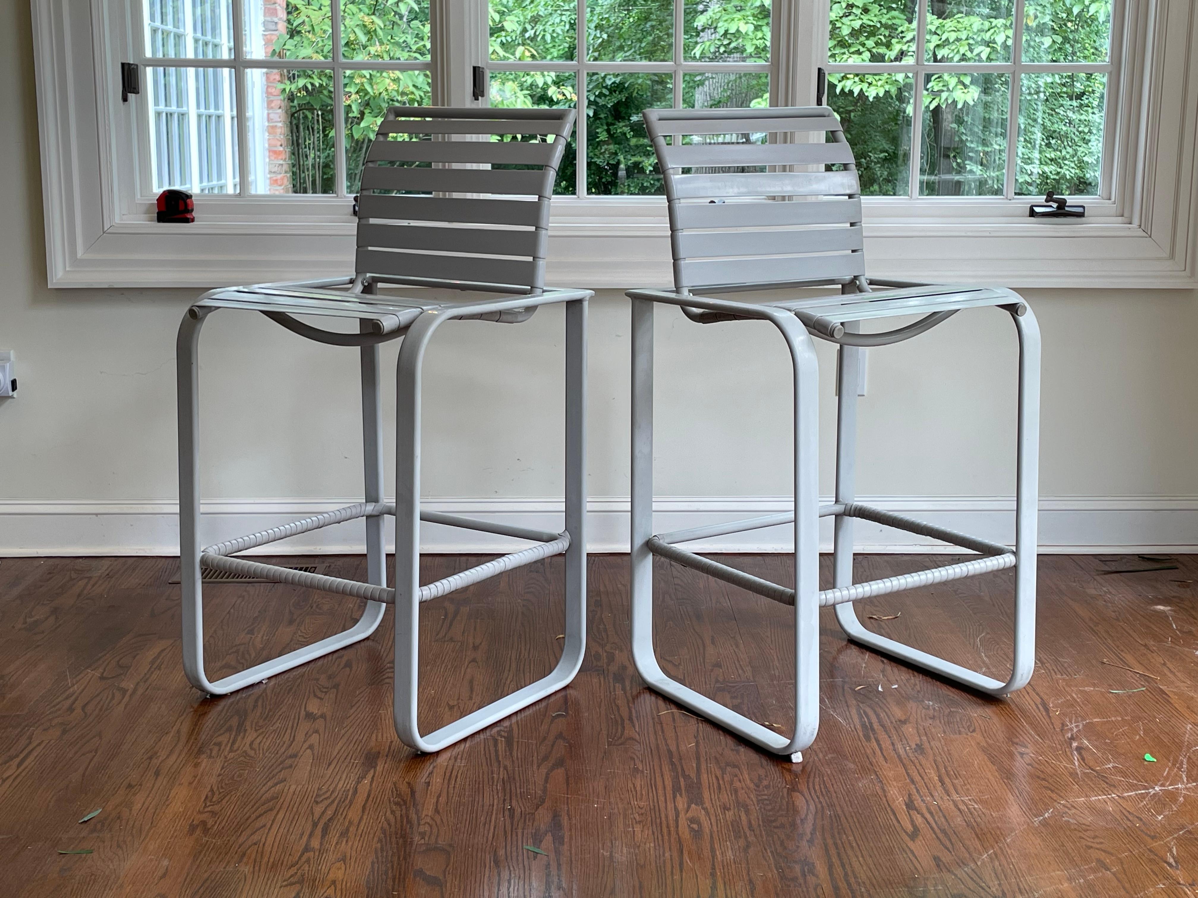 Mid-Century Modern Brown Jordan Gray Sling Bar Stool-A Pair For Sale