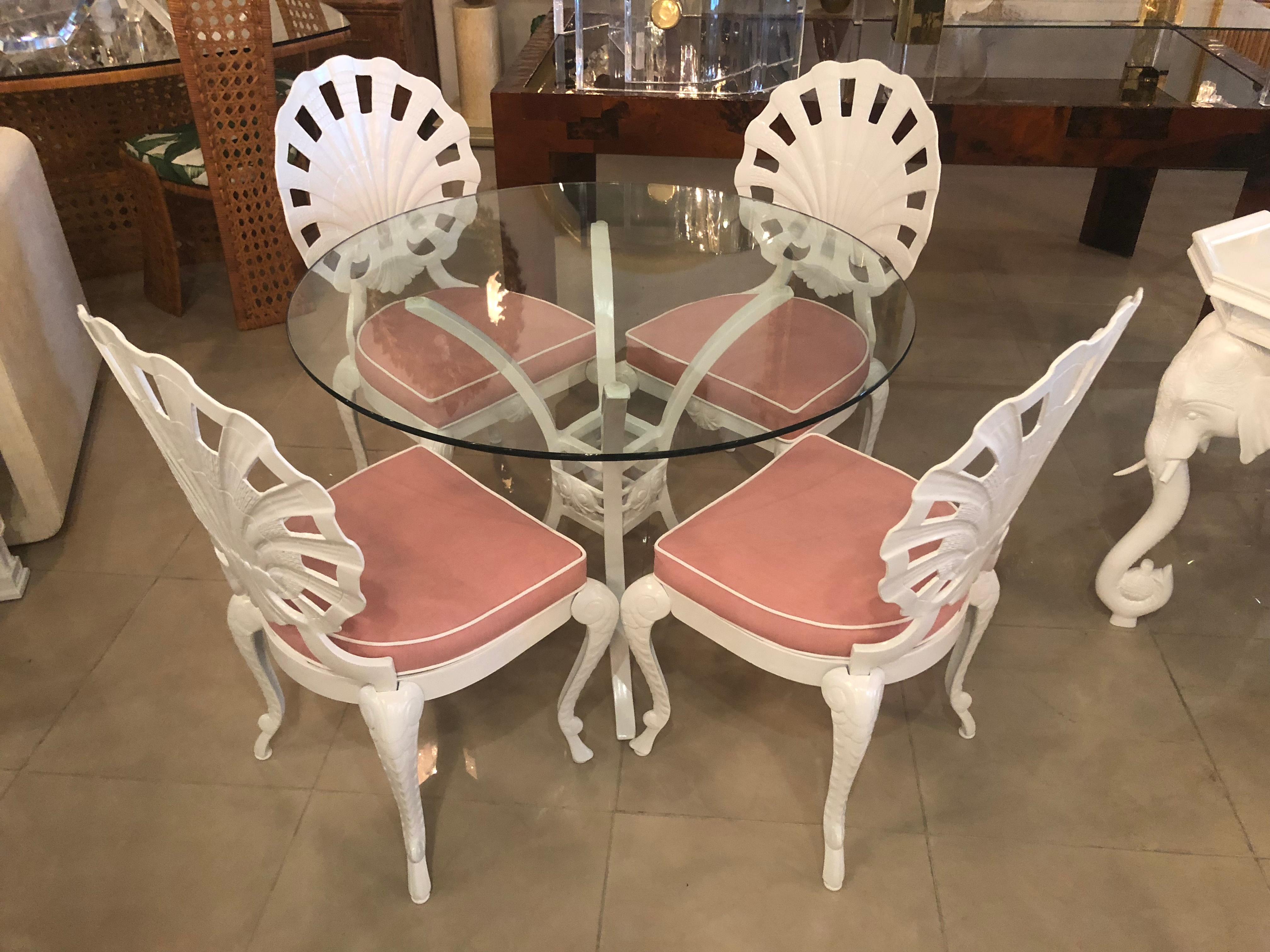 Vintage Brown Jordan Grotto 5-piece patio set which includes 4 dining chairs, table base, and round glass. The glass is original and may have some scratches. The glass can also be larger if needed. This set has been professionally powder coated in a