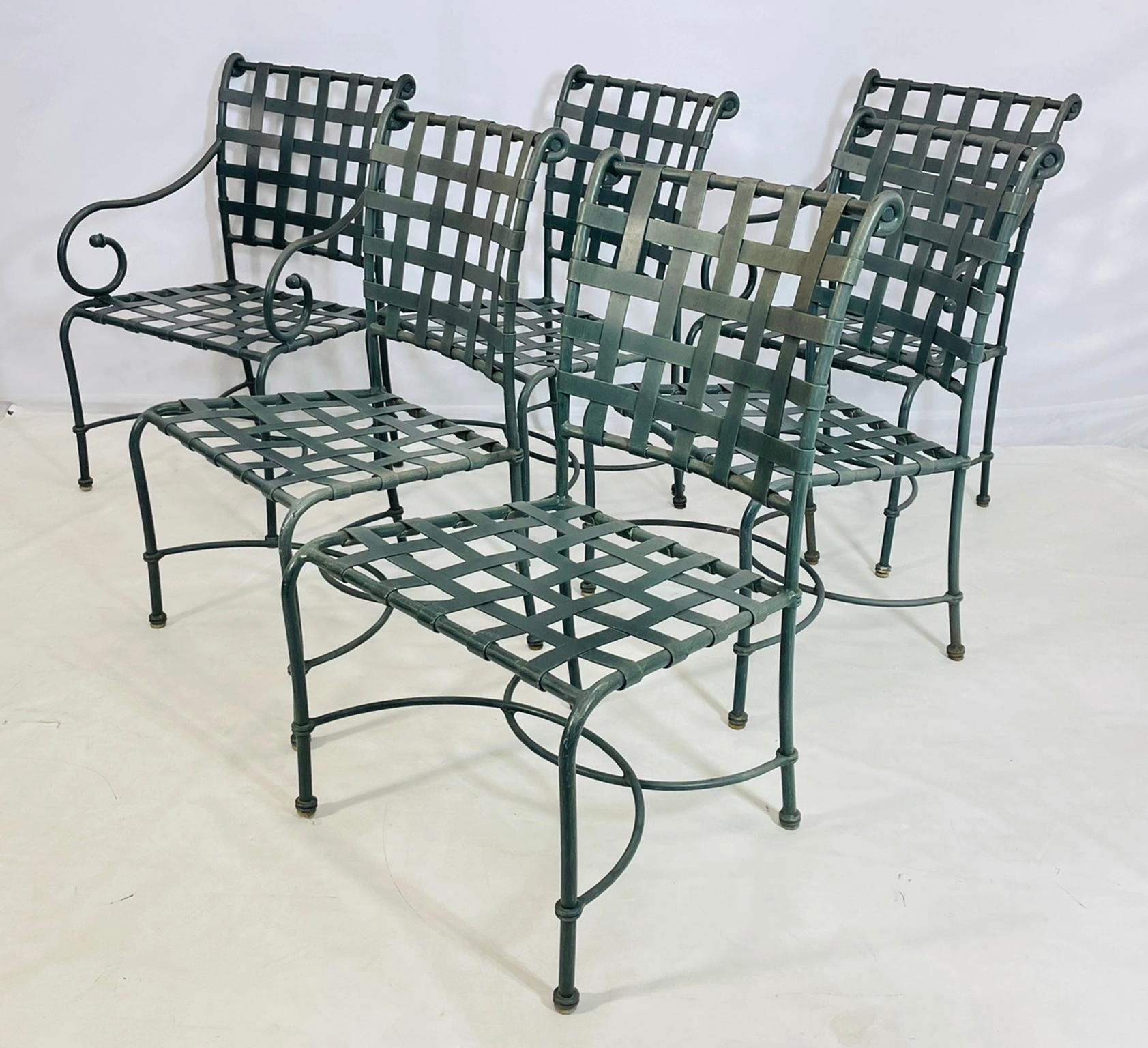 A versatile and timeless set of six aluminum patio dining chairs by Brown Jordan, including two armchairs and four side chairs, each retaining the original Brown Jordan label. Crafted in the USA, these chairs exemplify the brand’s reputation for