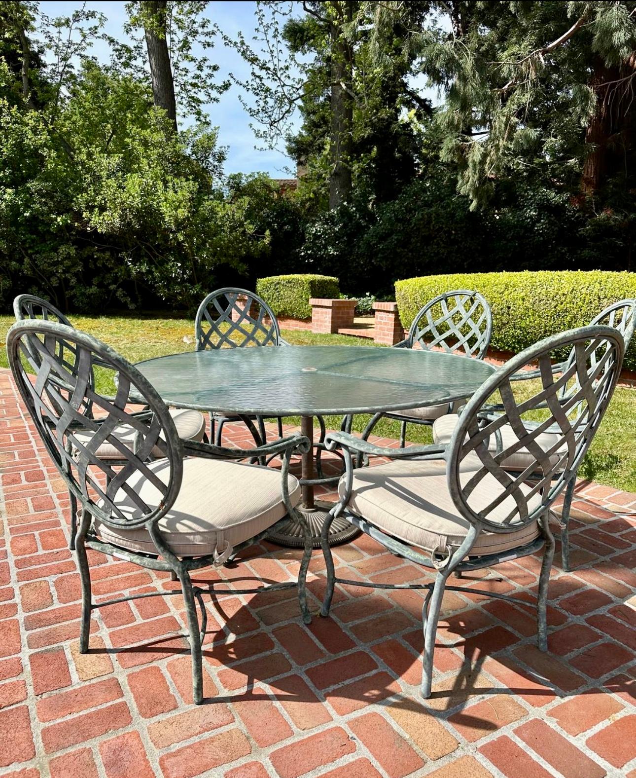 American Craftsman Brown Jordan outdoor Dining set, glass top table and 6 armchairs, Made in USA For Sale