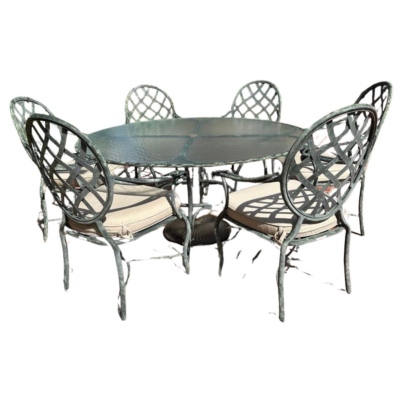 Brown Jordan outdoor Dining set, glass top table and 6 armchairs, Made in USA
