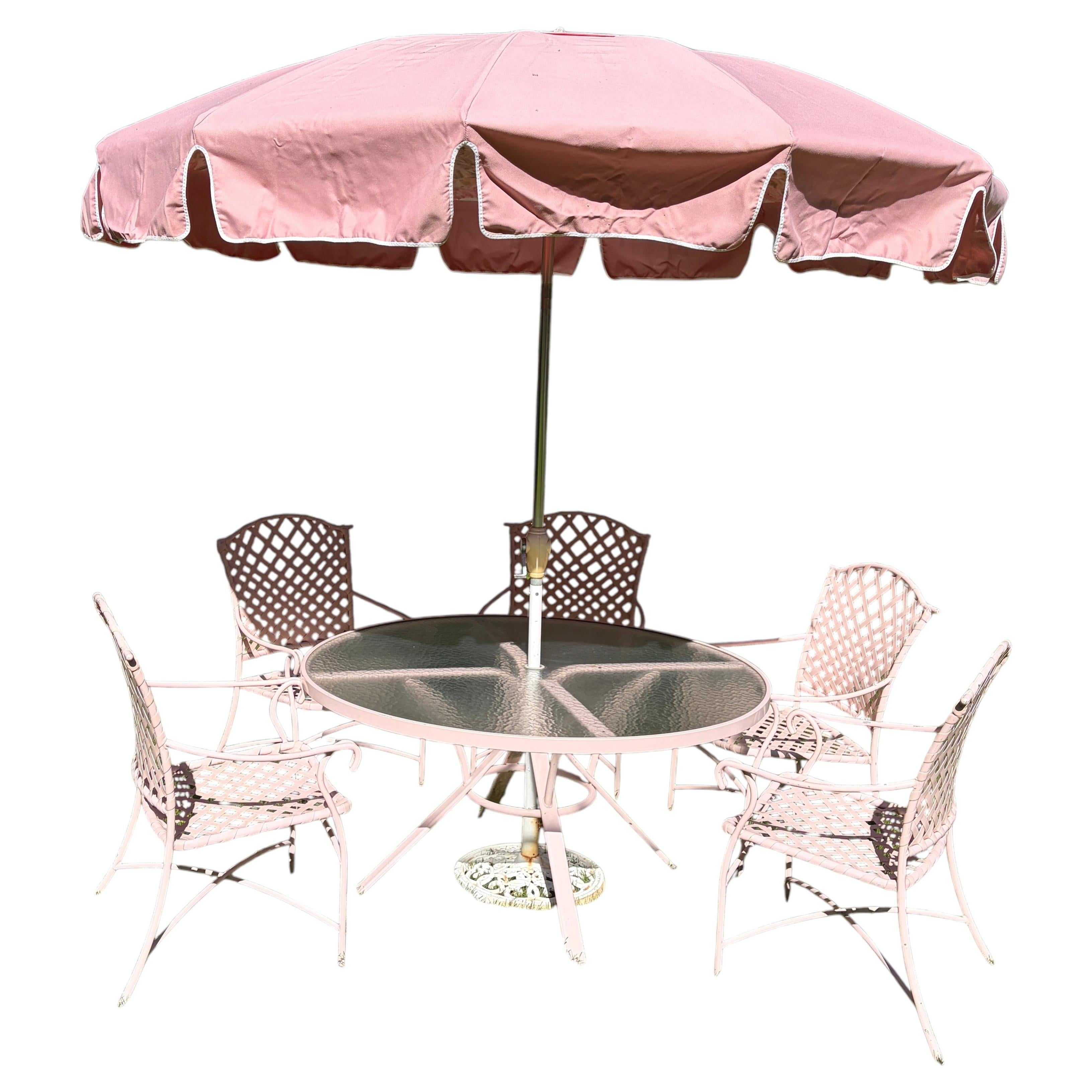 Brown Jordan Pink Table, Chairs, Umbrella Garden Set, 1960s For Sale