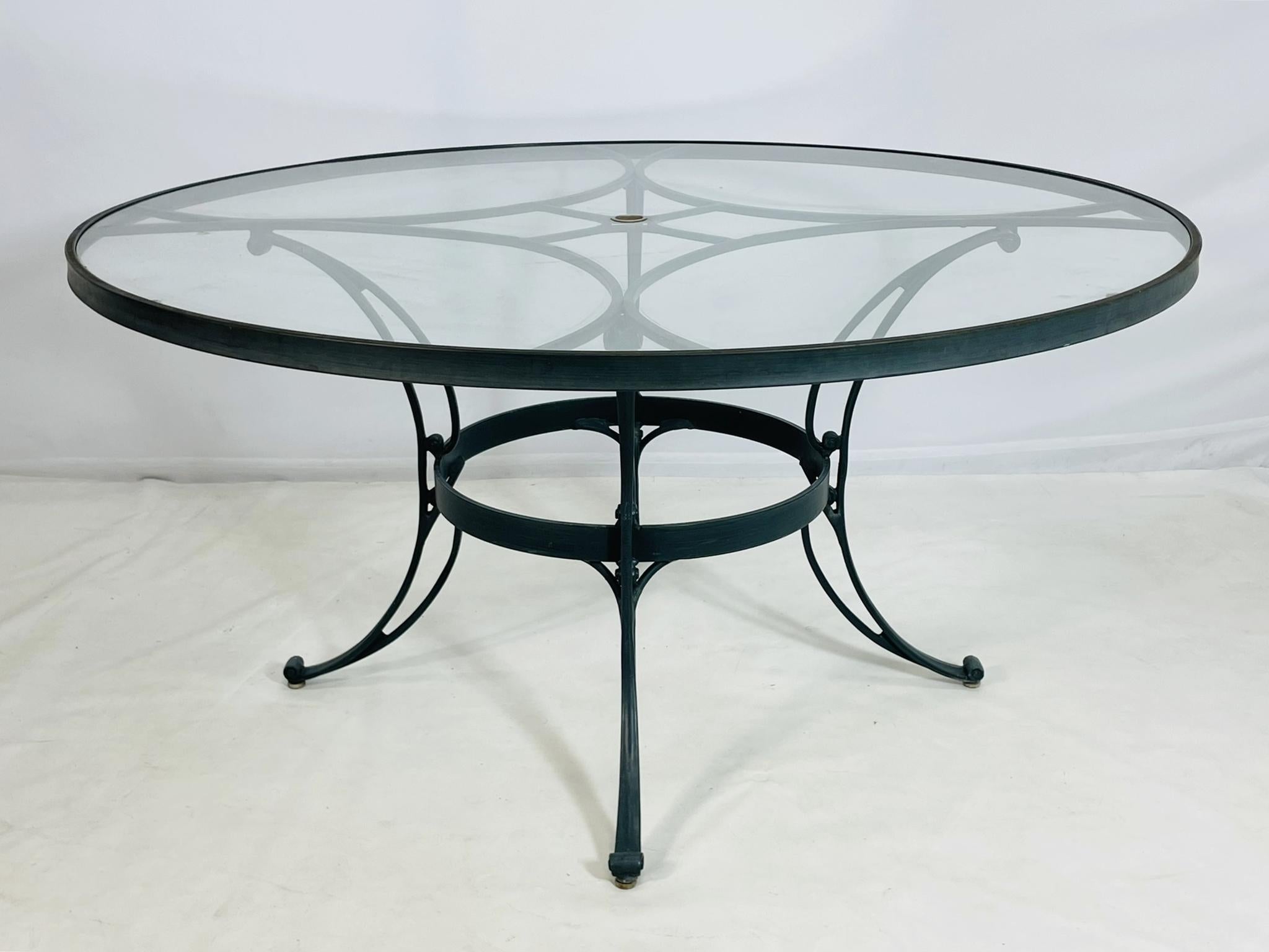 Hand-Crafted Brown Jordan Round Aluminum Patio Dining Table with Glass Top, USA 1980s For Sale