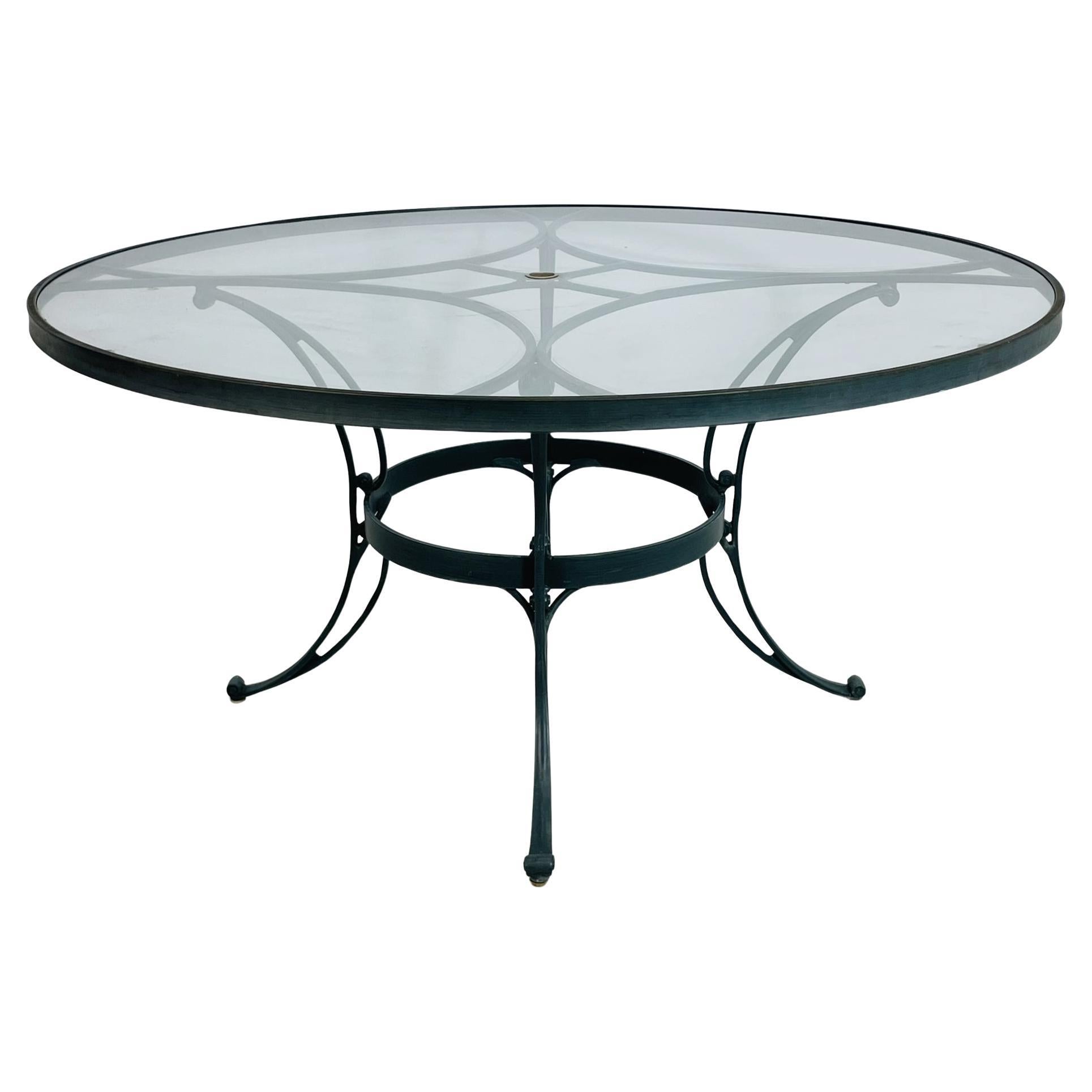 Brown Jordan Round Aluminum Patio Dining Table with Glass Top, USA 1980s For Sale