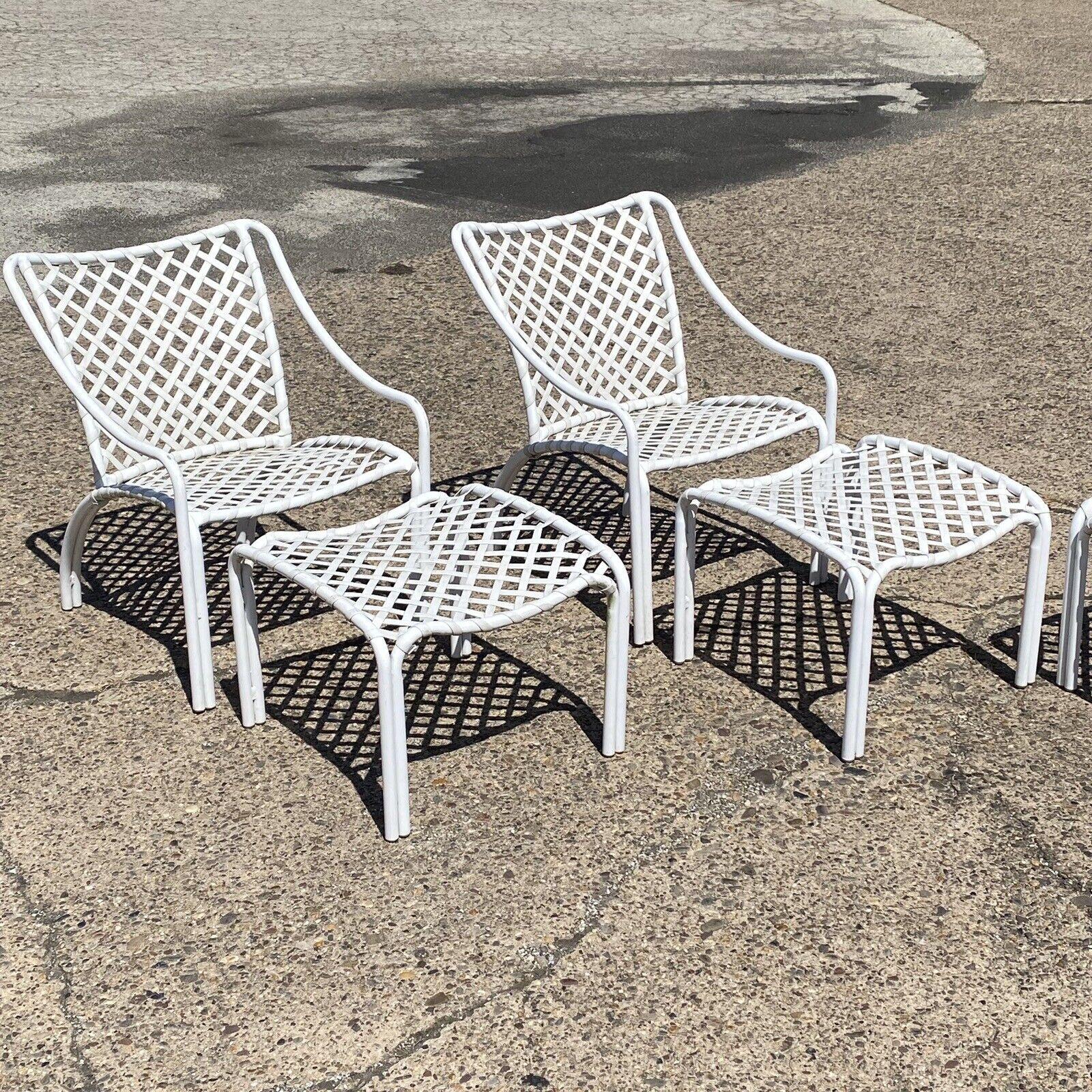 Brown Jordan Tamiami Aluminum Vinyl Strap Pool Patio Chair & Ottoman -  Item features 4 Sets. Item features (4) Chairs, (4) side tables/ottomans, clean Modernist lines, great style and form. Circa Late 20th Century.
Measurements: 
Chairs: 30