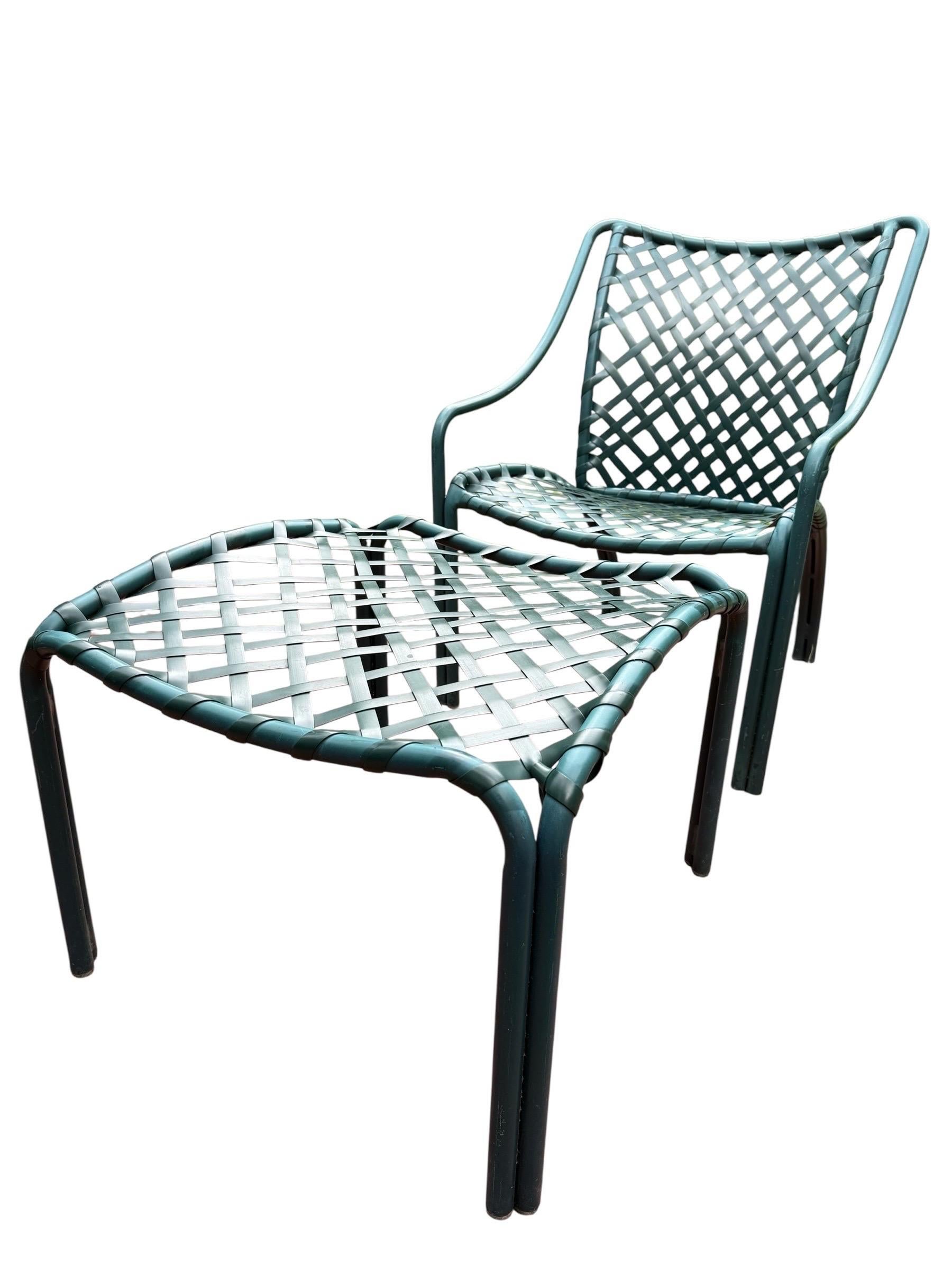 Complete green Brown Jordan “Tamiami” patio furniture side set of lounge chair + ottoman + side table. The light weight tubular aluminum frames are painted the original green with green diamond weave comfortable plastic straps.

The side table is