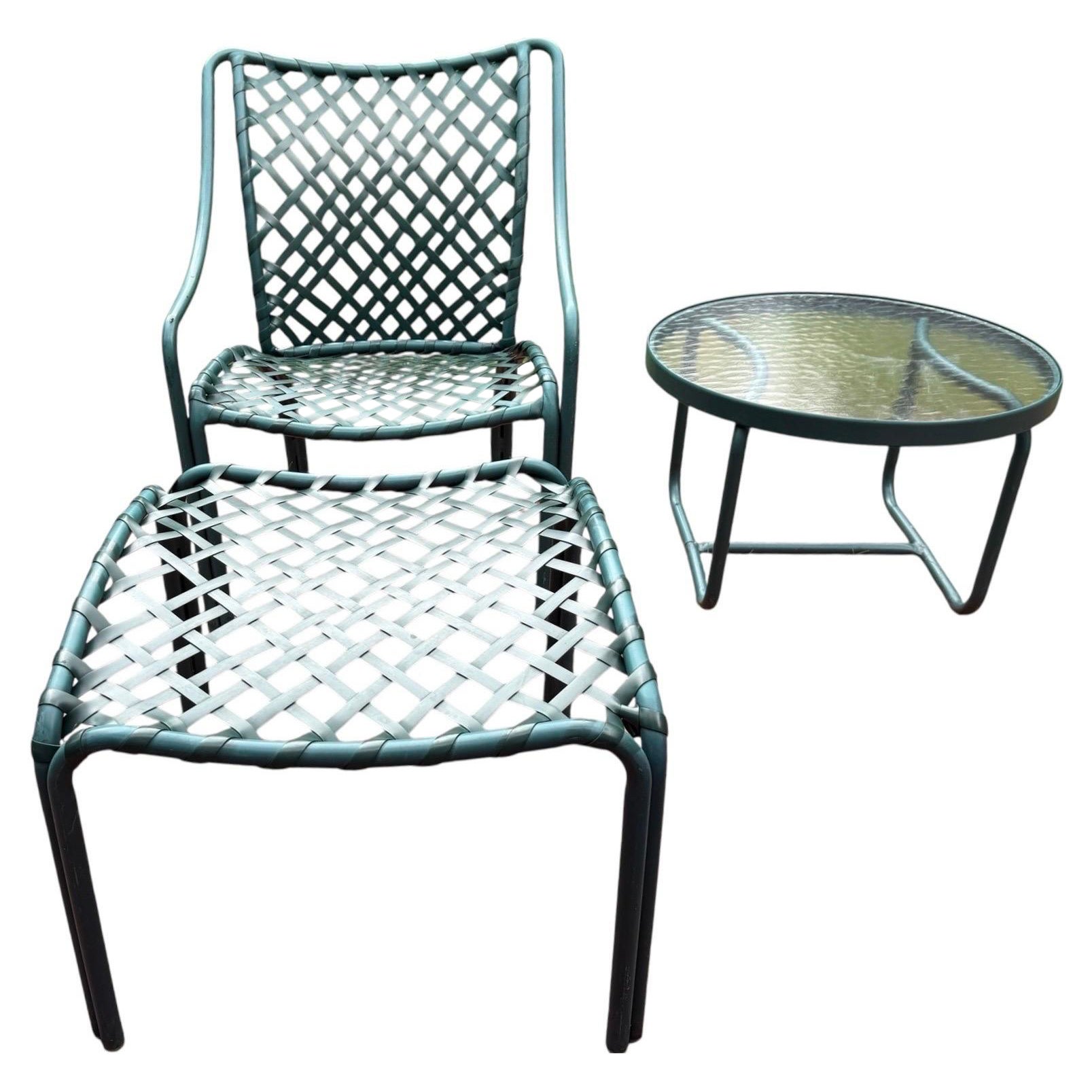 Brown Jordan Tamiami Green Lounge Chair Set With Ottoman and Side Table Vintage