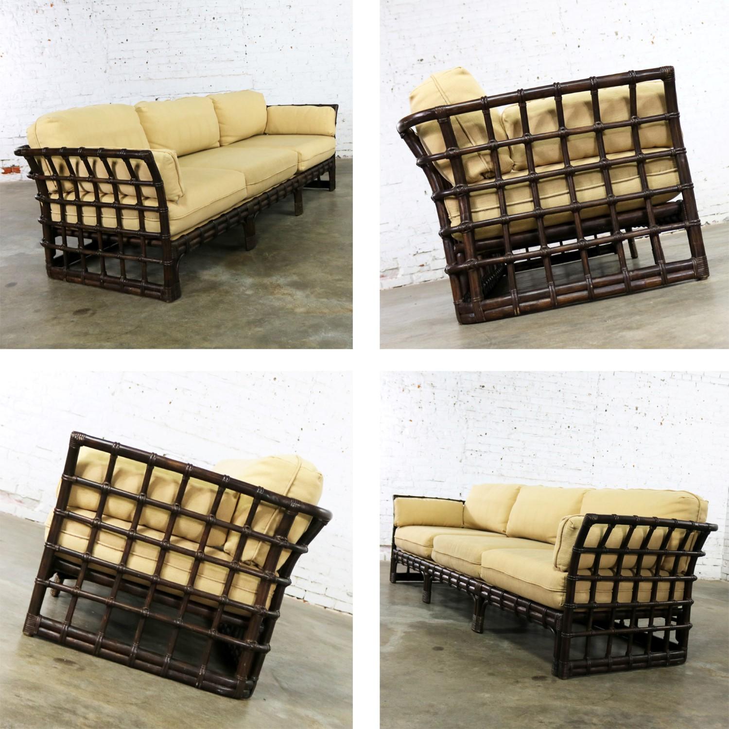 Brown Jordan Windowpane Dark Brown Rattan Sofa with Straw Colored Cushions 10