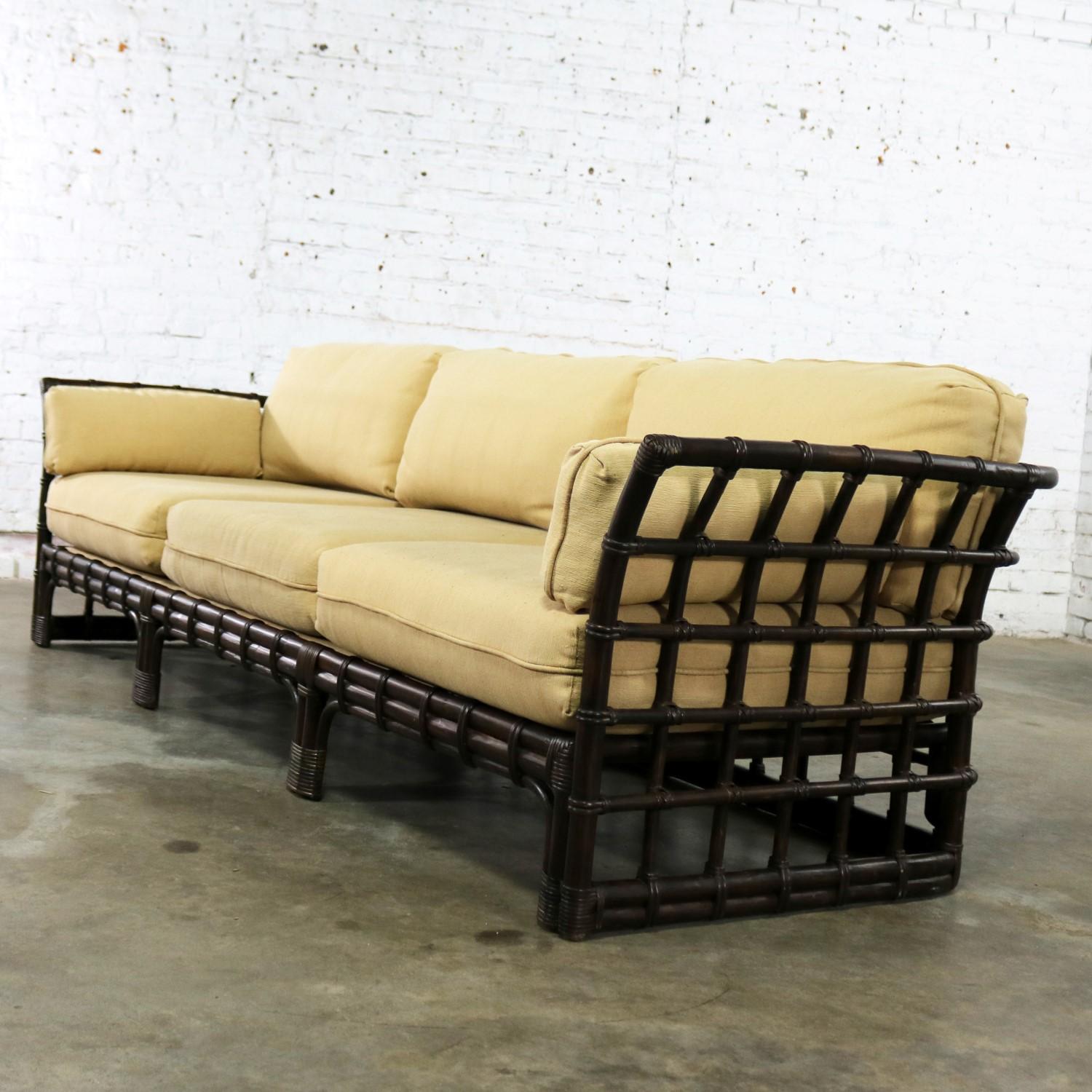 Modern Brown Jordan Windowpane Dark Brown Rattan Sofa with Straw Colored Cushions