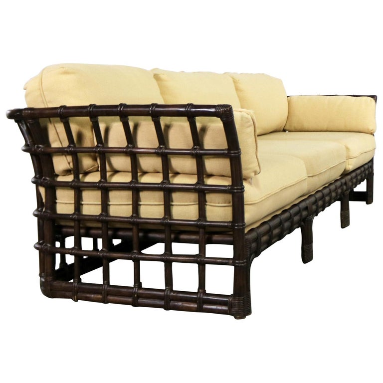 Brown Jordan Windowpane Dark Brown Rattan Sofa with Straw Colored Cushions at 1stDibs