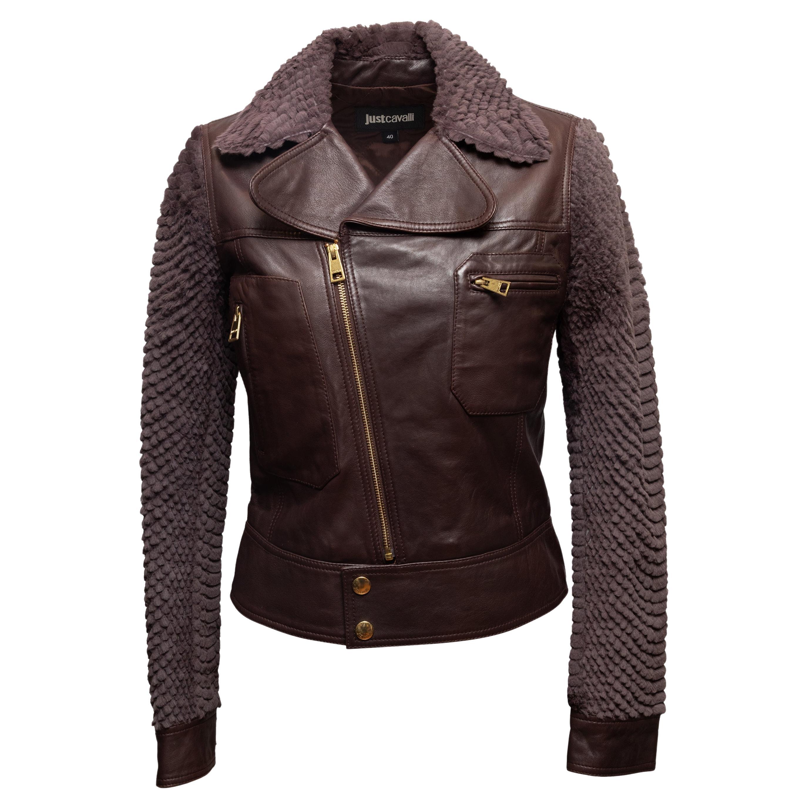 Brown Just Cavalli Leather & Kangaroo Fur Moto Jacket Size IT 40
