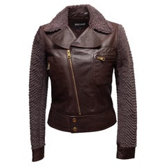 Giacca Just Cavalli marrone in pelle e pelliccia di canguro Taglia IT 40