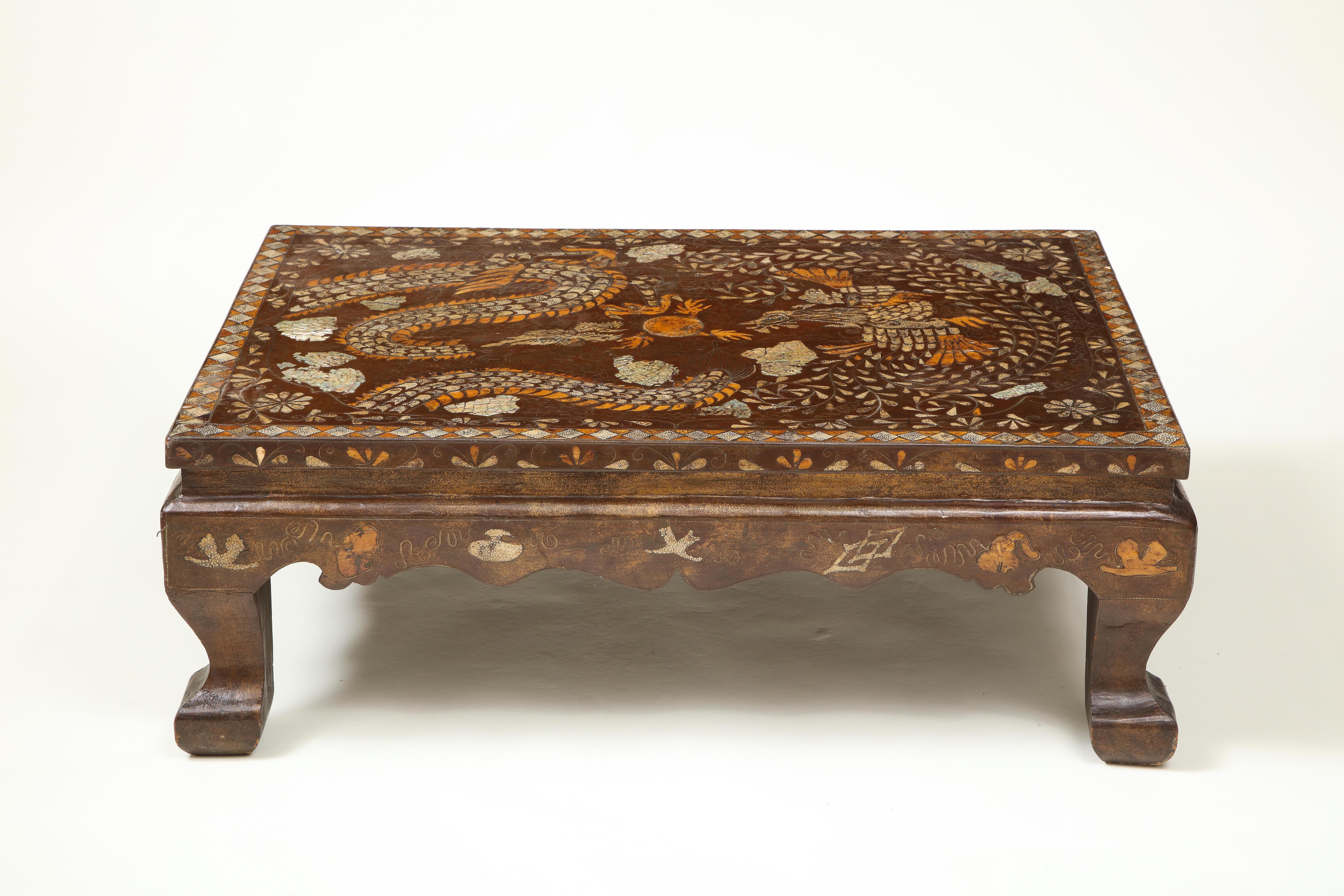 Abalone Brown Lacquer and Mother of Pearl Inlaid Low Table
