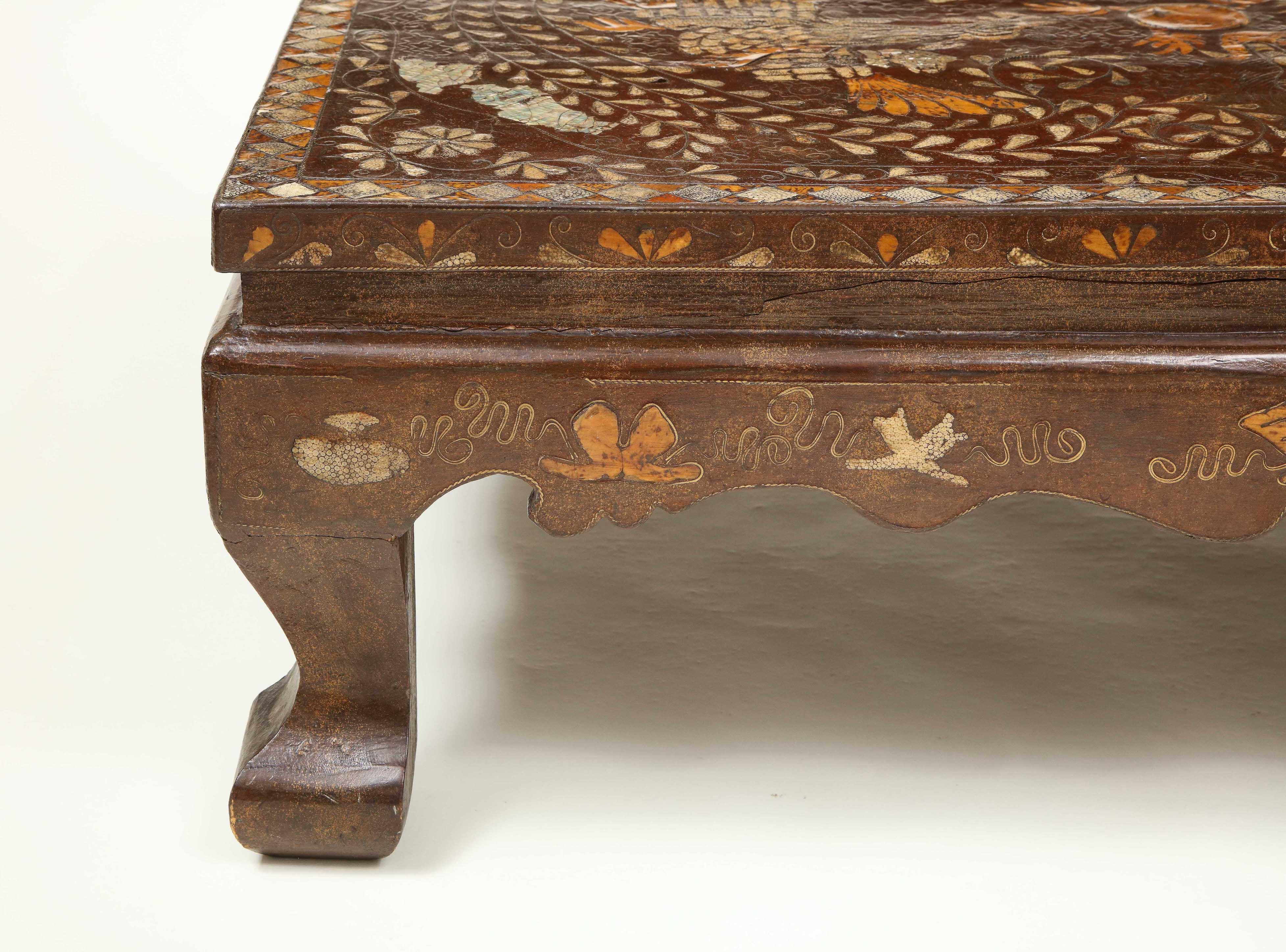 Chinoiserie Brown Lacquer and Mother of Pearl Inlaid Low Table