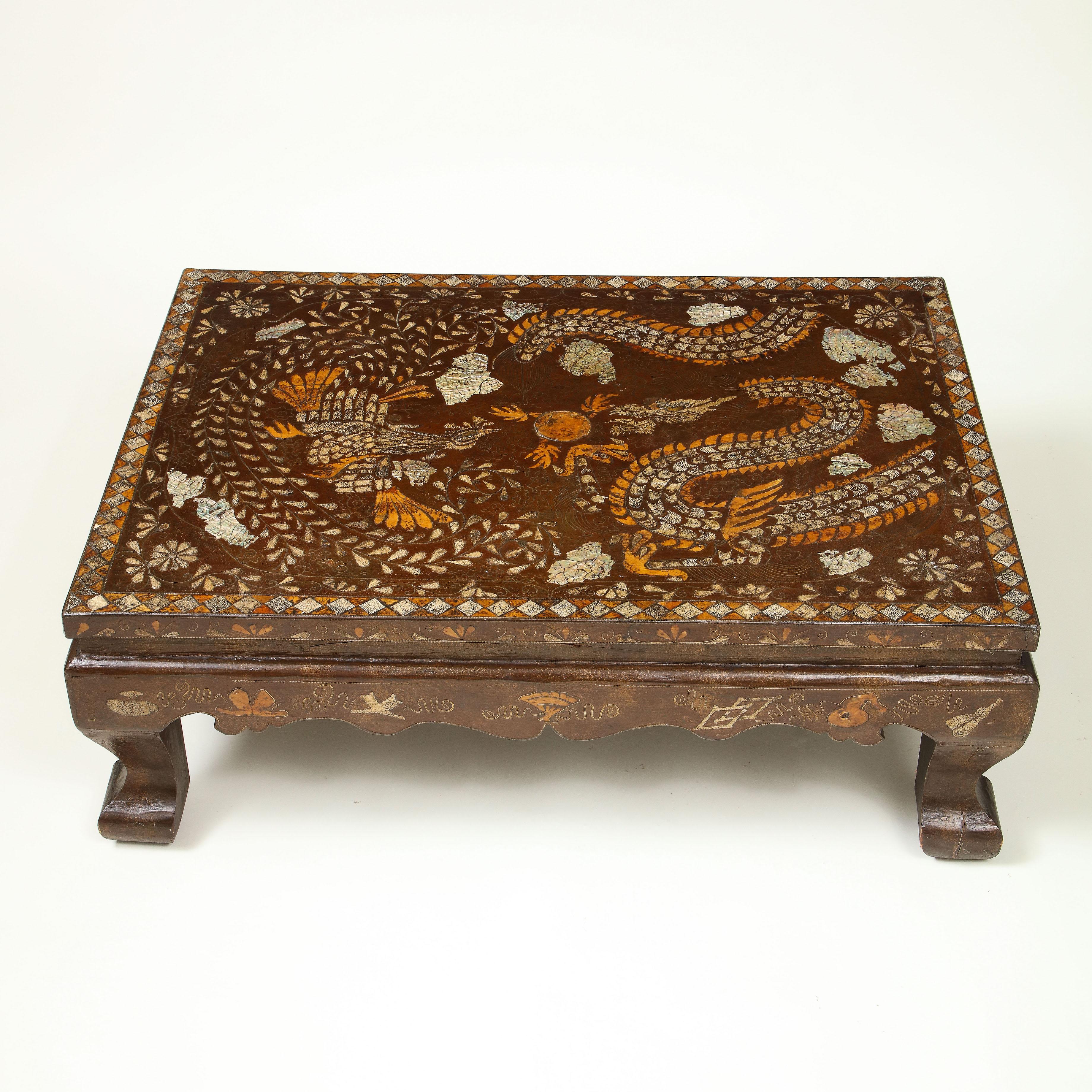 Korean Brown Lacquer and Mother of Pearl Inlaid Low Table